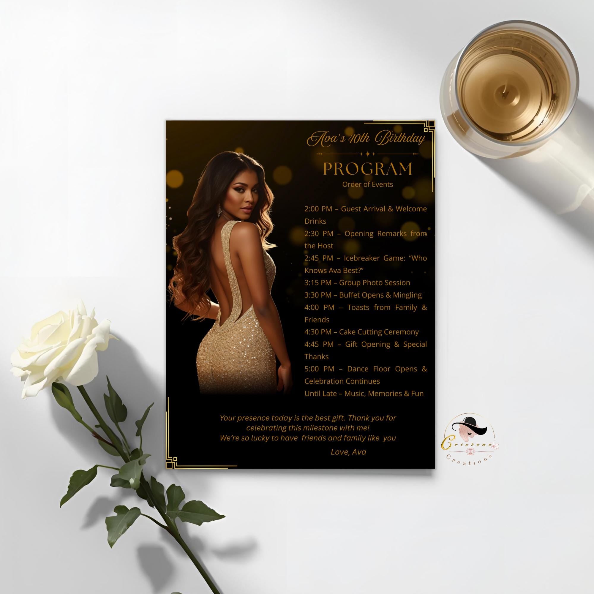Black gold Birthday Program Card with photo, Woman Retirement Party Program, Printable Men Order of Events Template Elegant Program Schedule