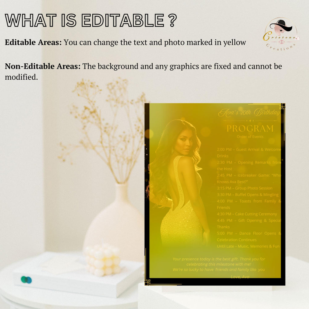 Black gold Birthday Program Card with photo, Woman Retirement Party Program, Printable Men Order of Events Template Elegant Program Schedule