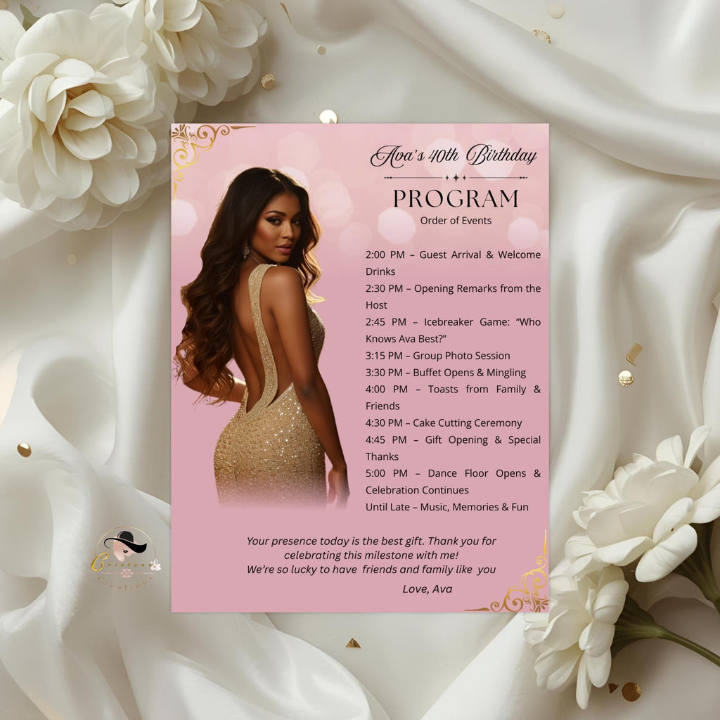Pink Birthday Program Card with photo, Retirement Party Program Schedule, Editable Order of Events, Printable Sweet 16 Programme Template