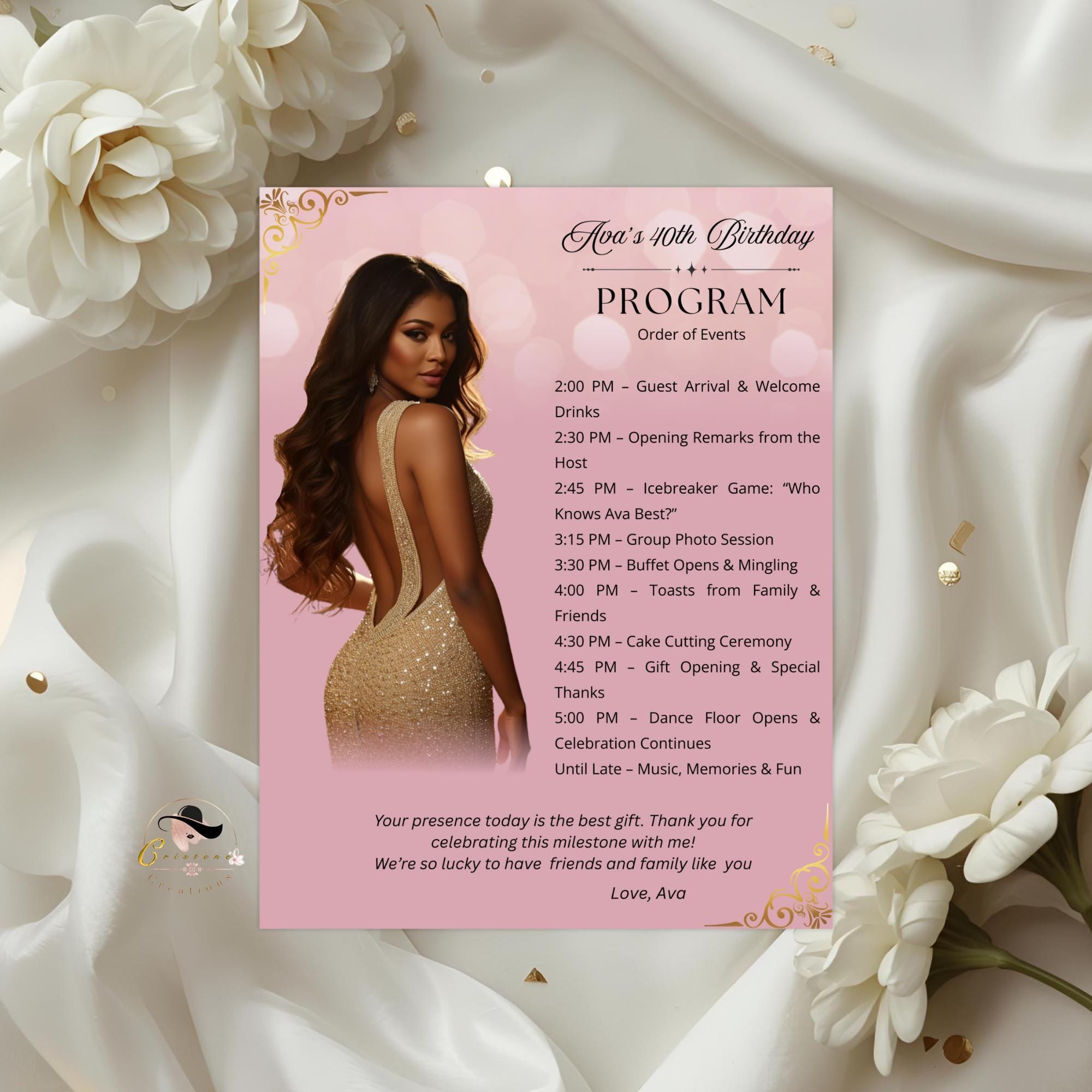 Pink Birthday Program Card with photo, Retirement Party Program Schedule, Editable Order of Events, Printable Sweet 16 Programme Template