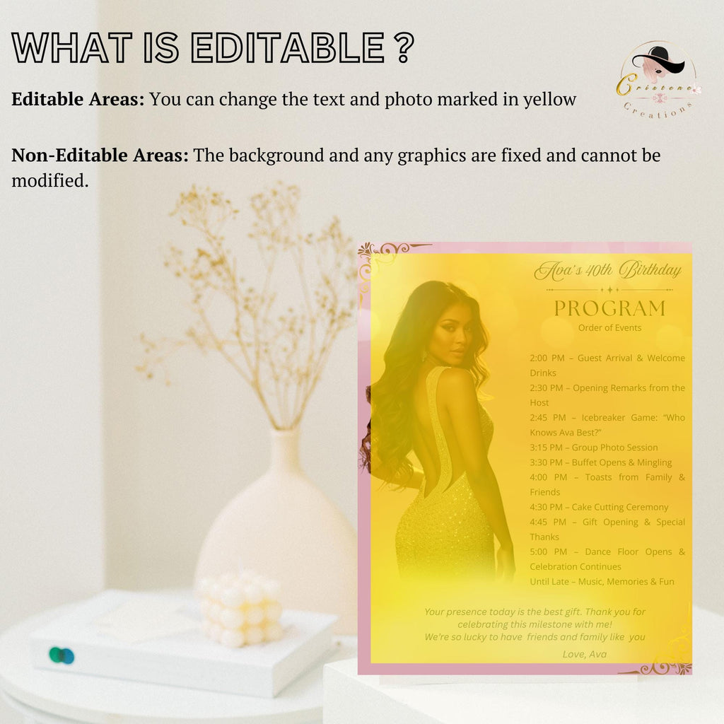 Pink Birthday Program Card with photo, Retirement Party Program Schedule, Editable Order of Events, Printable Sweet 16 Programme Template