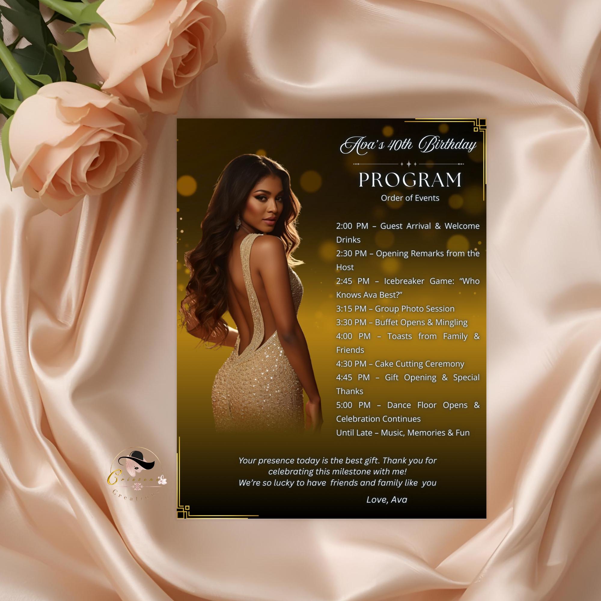 Black gold Birthday Program Template, Woman Retirement Party Program with photo, Printable Men Order of Events Elegant Program Card Schedule