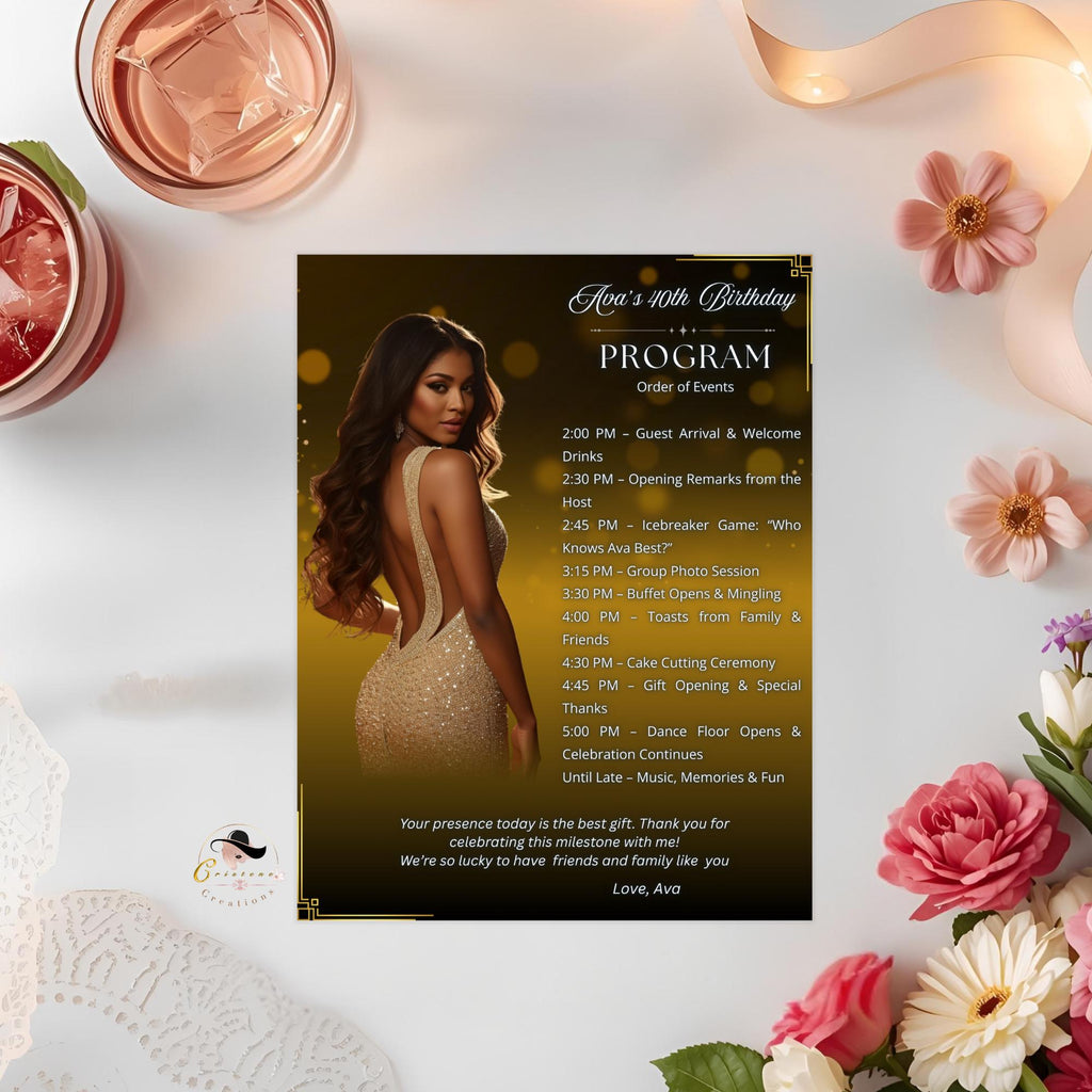 Black gold Birthday Program Template, Woman Retirement Party Program with photo, Printable Men Order of Events Elegant Program Card Schedule