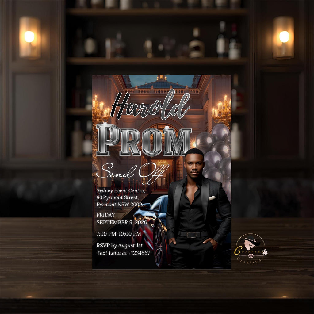 Prom Send Off Party Invitation, Black Silver Men Prom Night with photo invite, Editable Senior Ball and Junior Prom Hollywood Theme Template