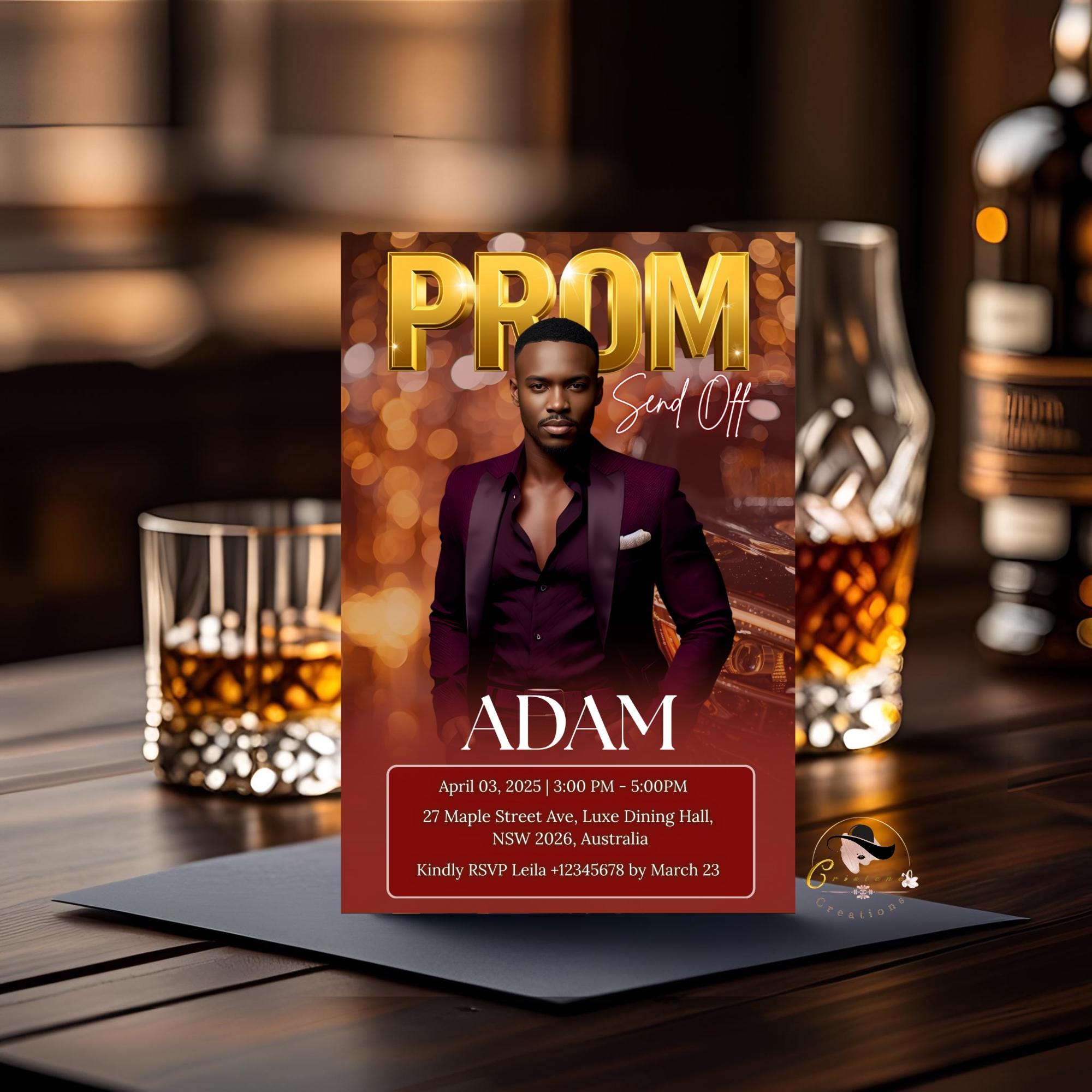 Prom Send Off Party Invitation, Maroon Men Prom Night with photo invite, Editable Senior Ball and Junior Prom Teen Boy Burgundy Template