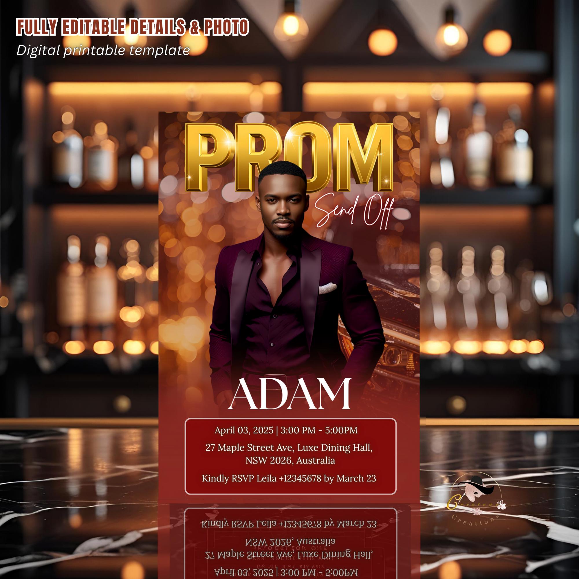 Prom Send Off Party Invitation, Maroon Men Prom Night with photo invite, Editable Senior Ball and Junior Prom Teen Boy Burgundy Template