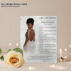 White Silver Birthday Program Card Template, Woman Retirement Party Program with photo, Printable Order of Events, Elegant Program Schedule