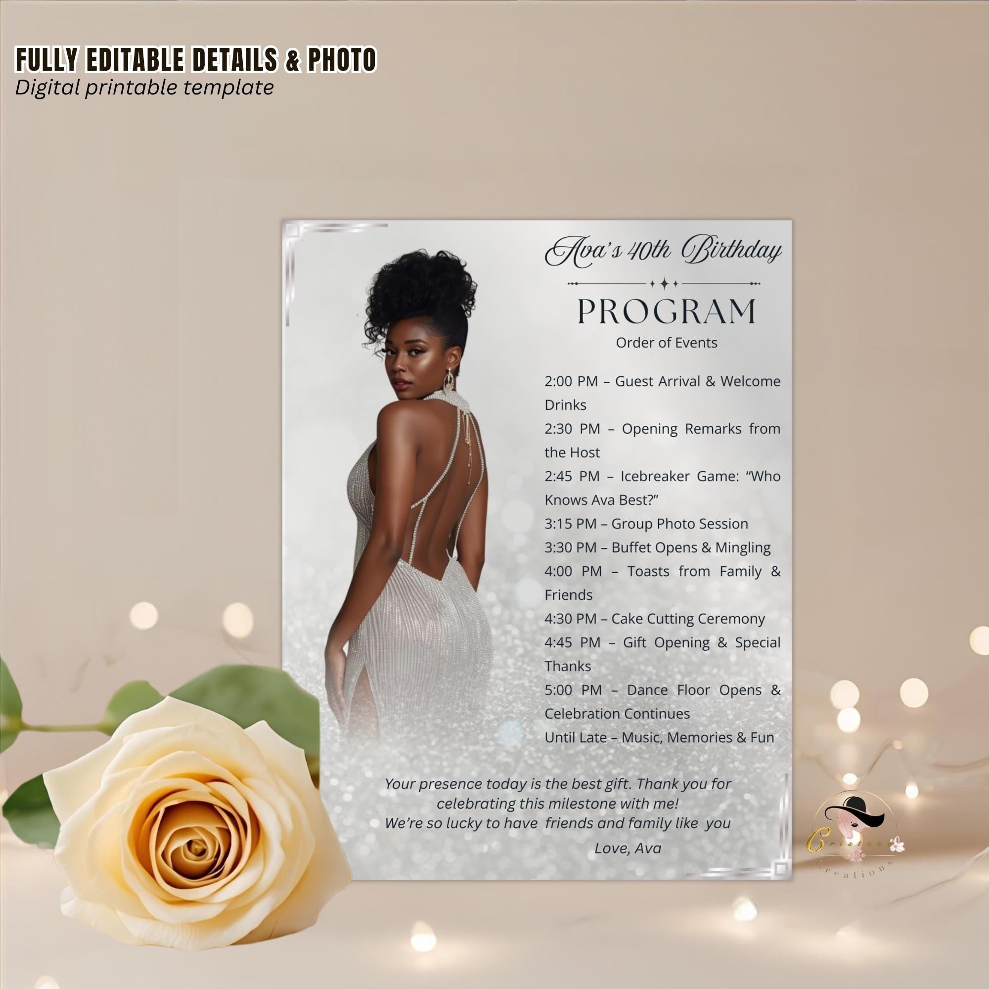 White Silver Birthday Program Card Template, Woman Retirement Party Program with photo, Printable Order of Events, Elegant Program Schedule