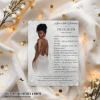 White Silver Birthday Program Card Template, Woman Retirement Party Program with photo, Printable Order of Events, Elegant Program Schedule