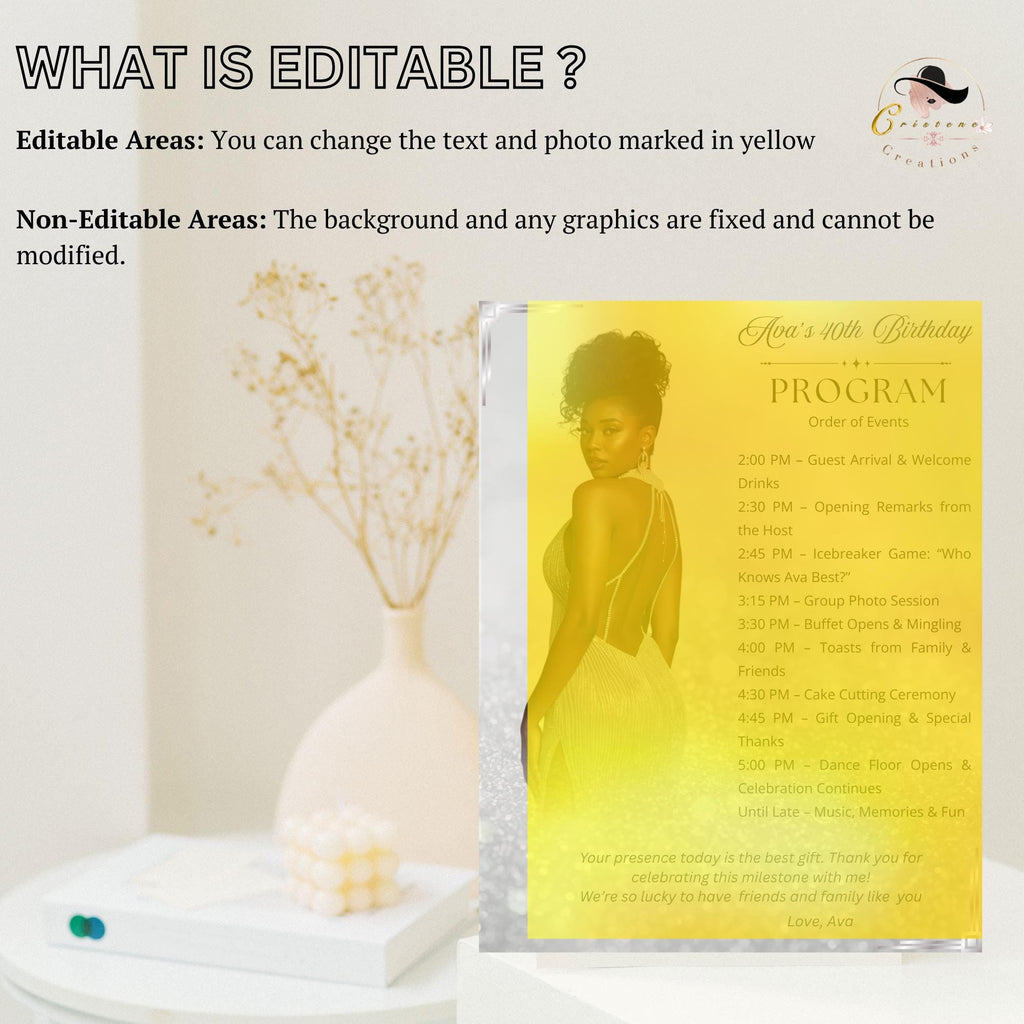 White Silver Birthday Program Card Template, Woman Retirement Party Program with photo, Printable Order of Events, Elegant Program Schedule
