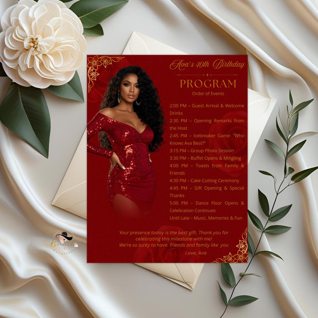 Red gold Birthday Program Card Template, Woman Retirement Party Program with photo, Elegant Order of Events, Printable Timeline Schedule