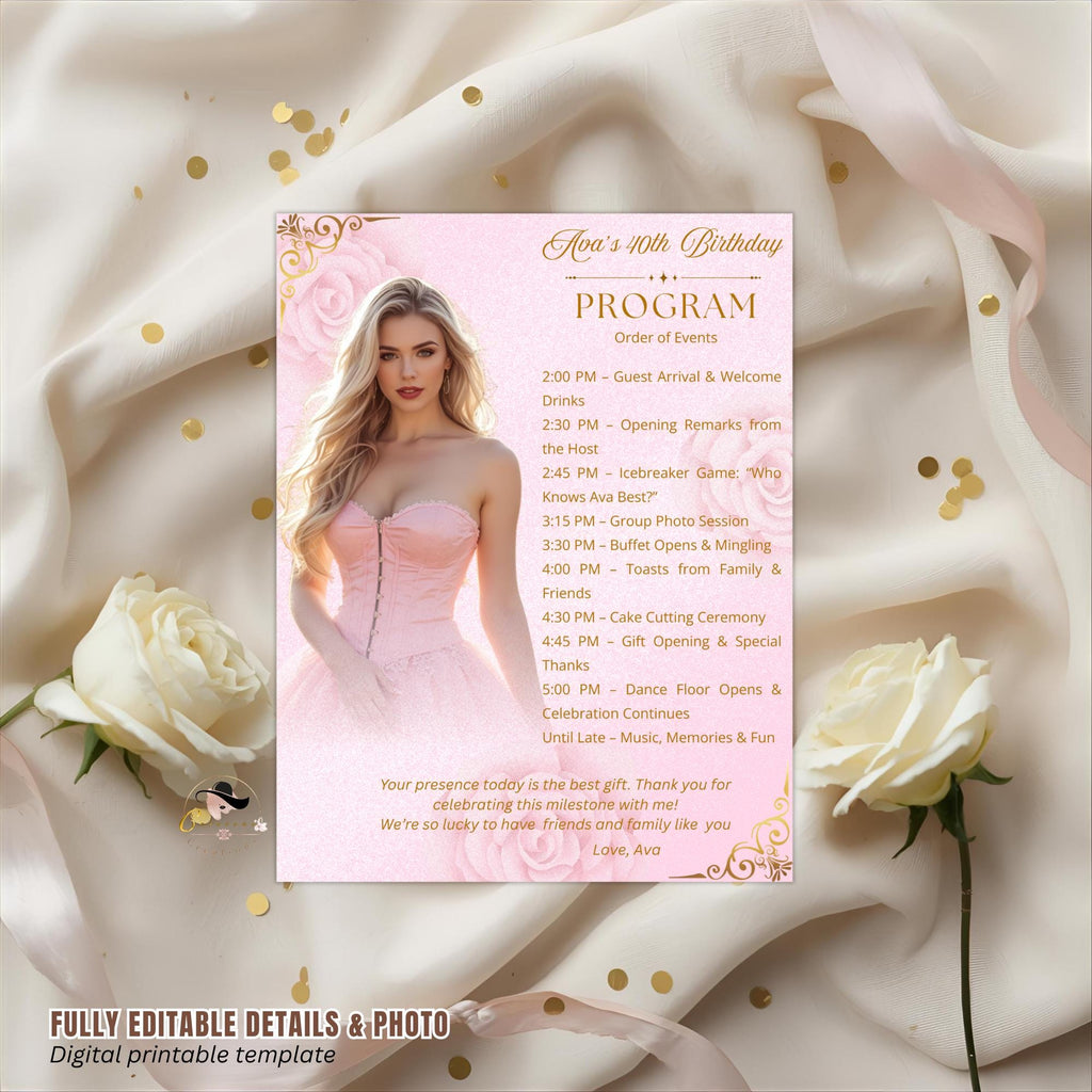 Birthday Program Card with photo, Pink Gold Retirement Party Timeline Schedule, Editable Order of Events Printable Sweet 16 Program Template
