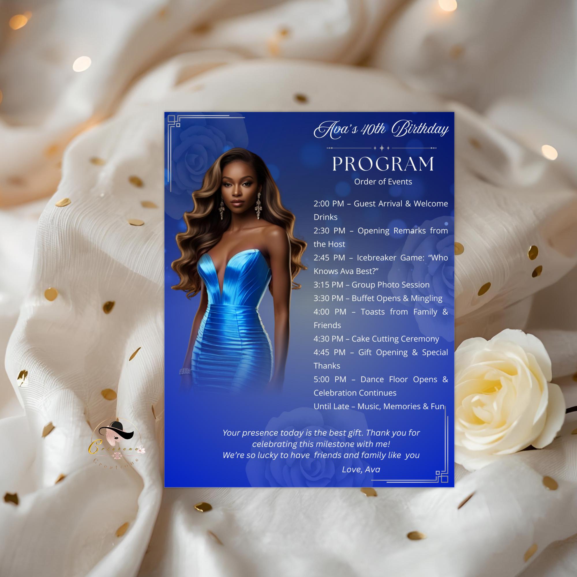 Retirement Program Card Template with photo, Birthday Party Timeline Schedule, Elegant Order of Events, Printable Blue Silver Programme