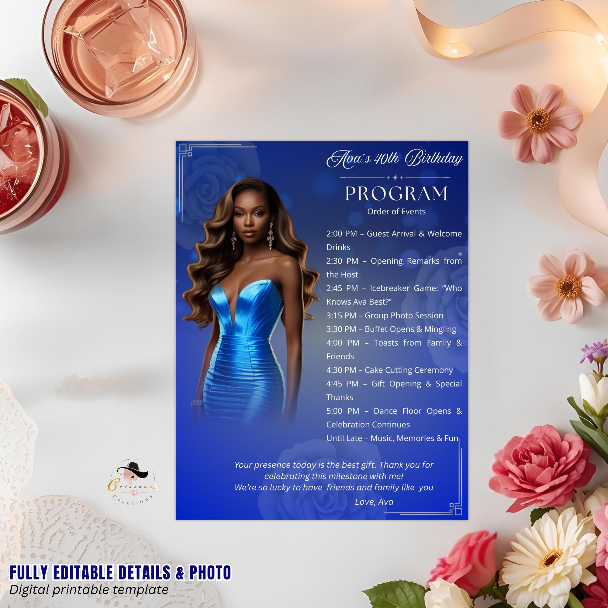 Retirement Program Card Template with photo, Birthday Party Timeline Schedule, Elegant Order of Events, Printable Blue Silver Programme