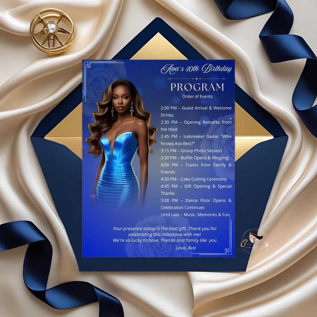 Retirement Program Card Template with photo, Birthday Party Timeline Schedule, Elegant Order of Events, Printable Blue Silver Programme