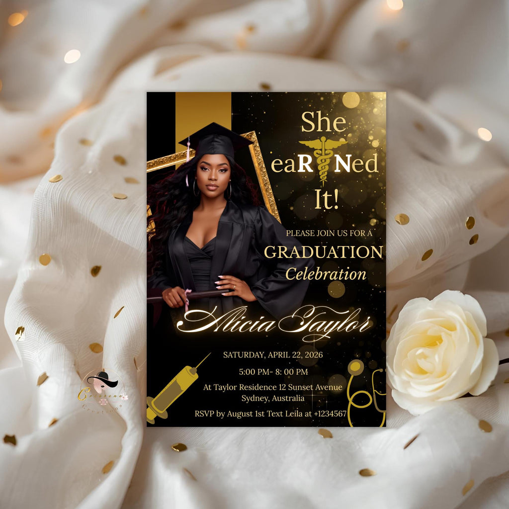 Digital Nurse Graduation Invitation with photo, Black Gold RN Commencement Class of 2026 invite, Medical CNA Nursing Graduate Flyer Template
