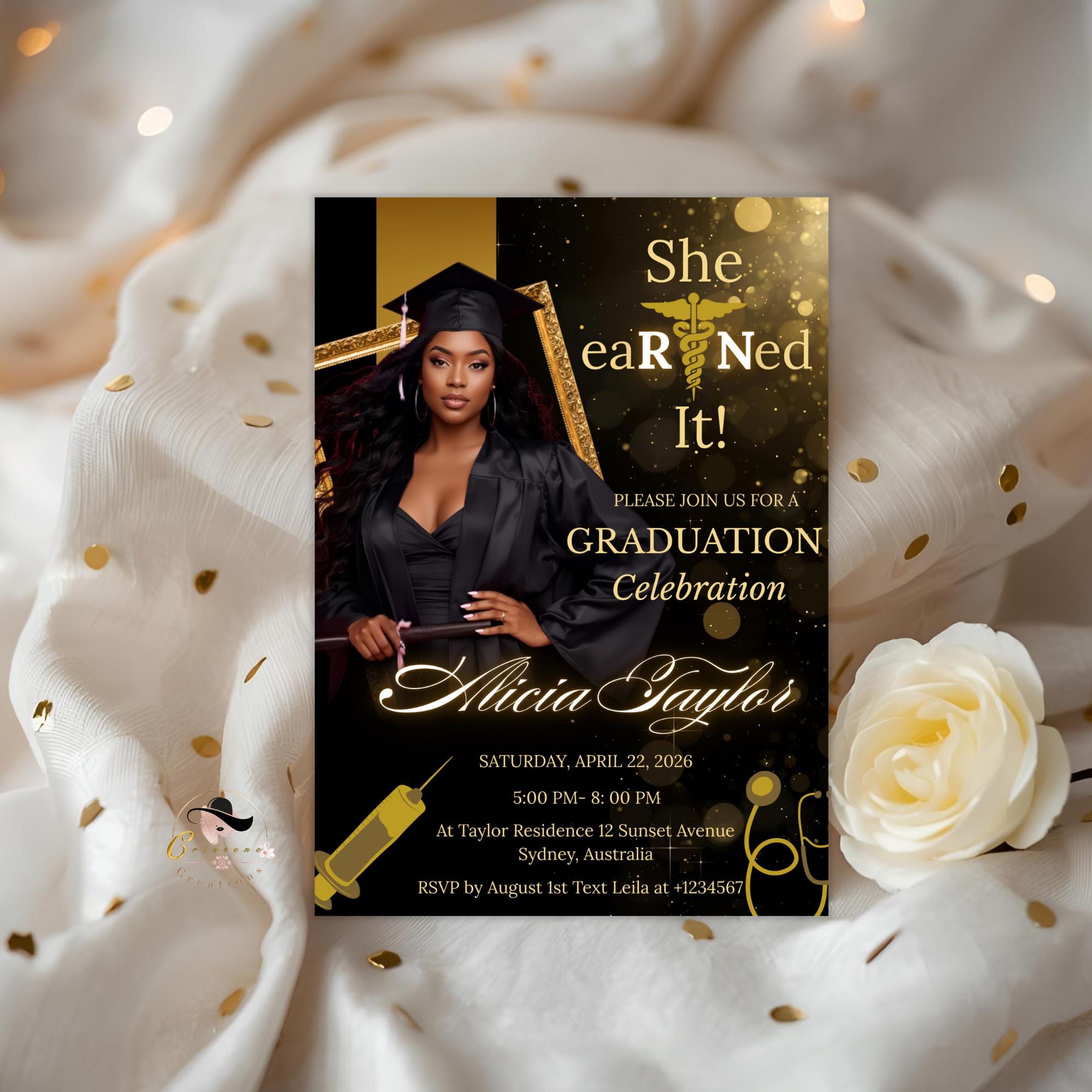 Digital Nurse Graduation Invitation with photo, Black Gold RN Commencement Class of 2026 invite, Medical CNA Nursing Graduate Flyer Template