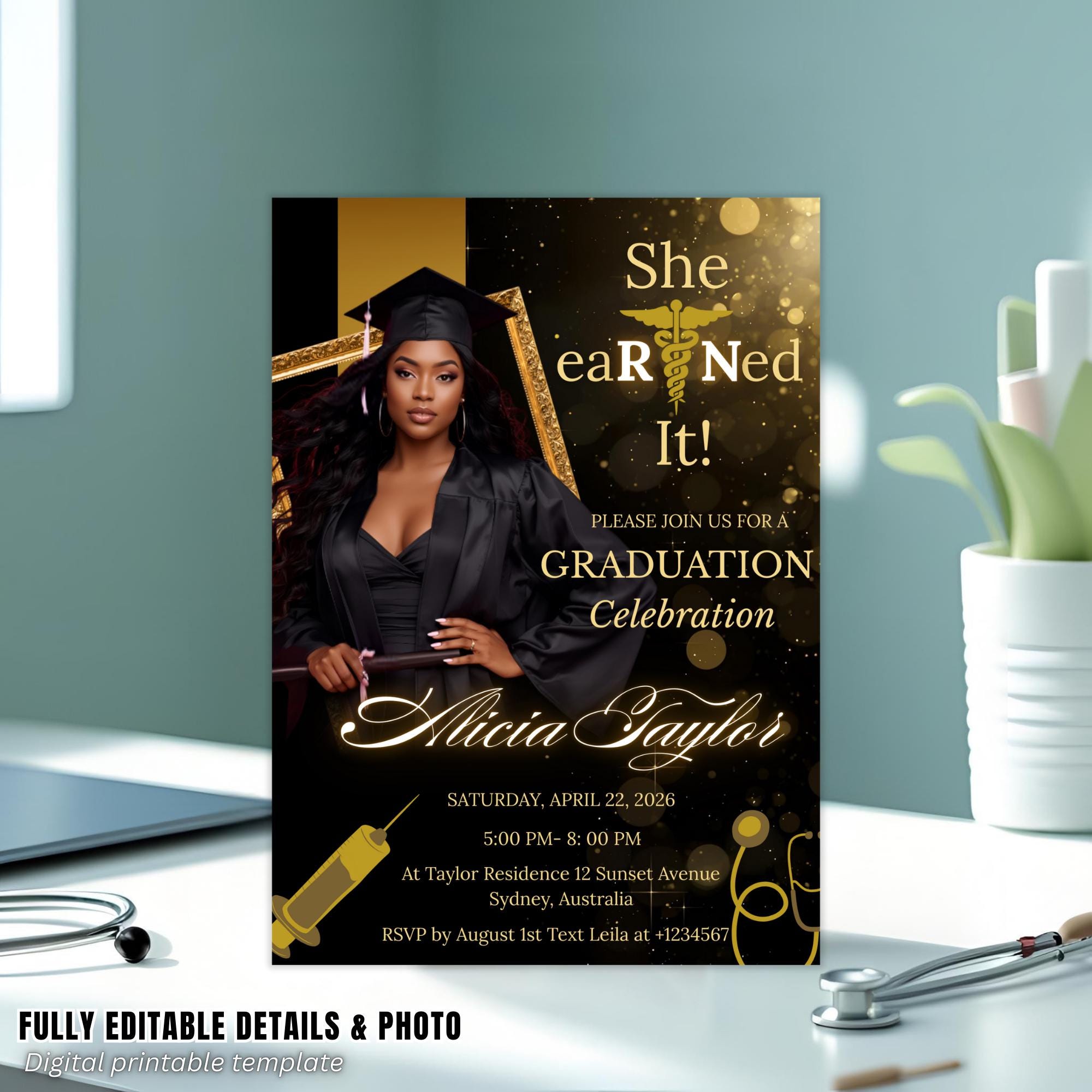 Digital Nurse Graduation Invitation with photo, Black Gold RN Commencement Class of 2026 invite, Medical CNA Nursing Graduate Flyer Template