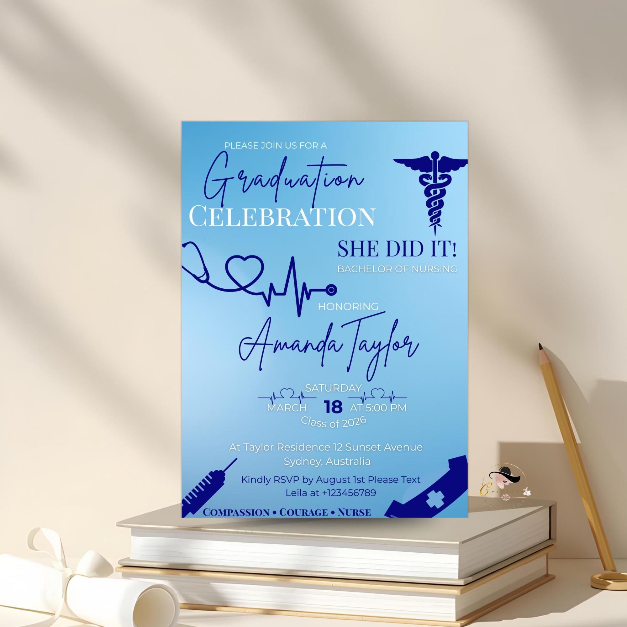 Editable Nurse Graduation Invitation, RN Pinning Ceremony Class of 2026 invite, Medical CNA Nursing Graduate Flyer Announcement Template