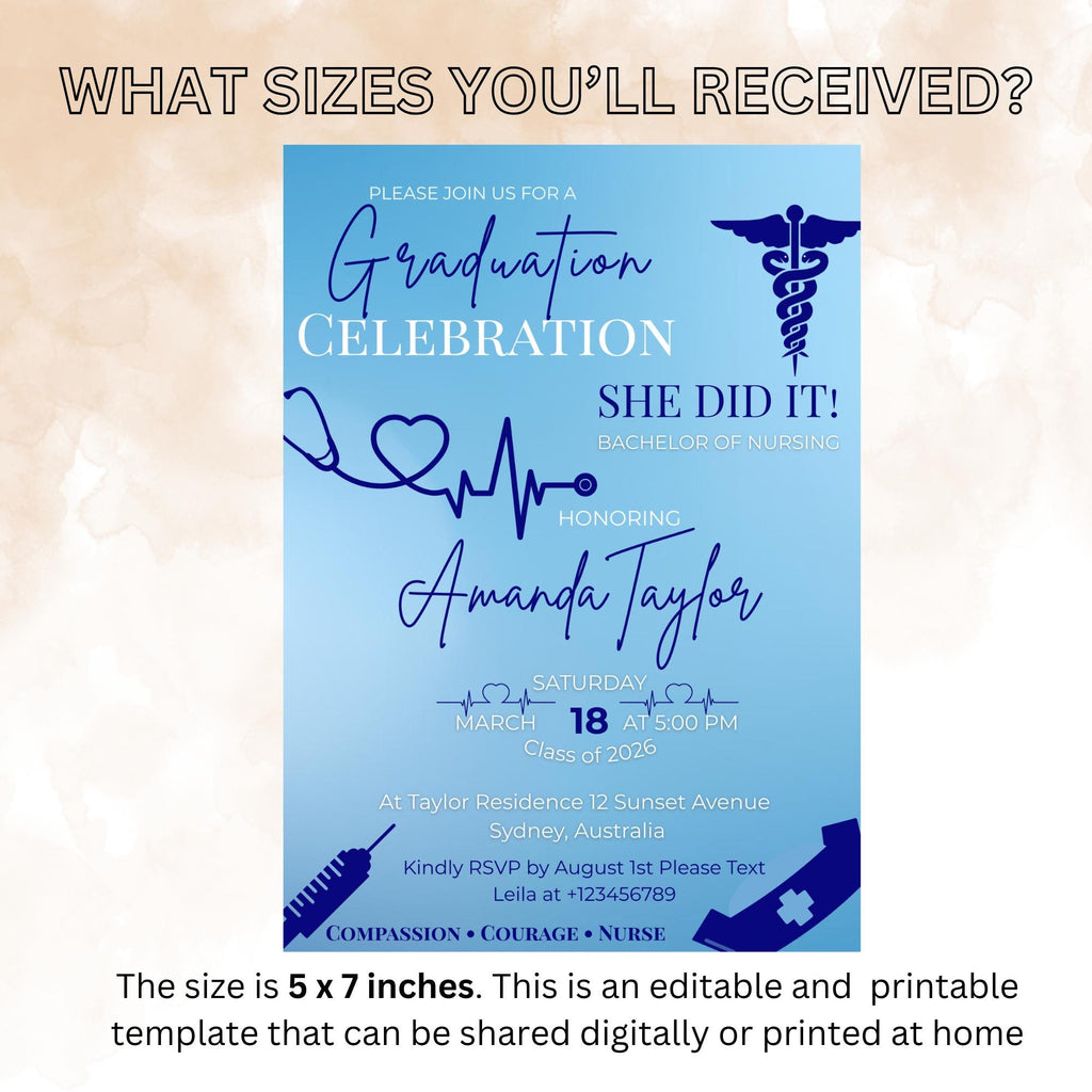 Editable Nurse Graduation Invitation, RN Pinning Ceremony Class of 2026 invite, Medical CNA Nursing Graduate Flyer Announcement Template