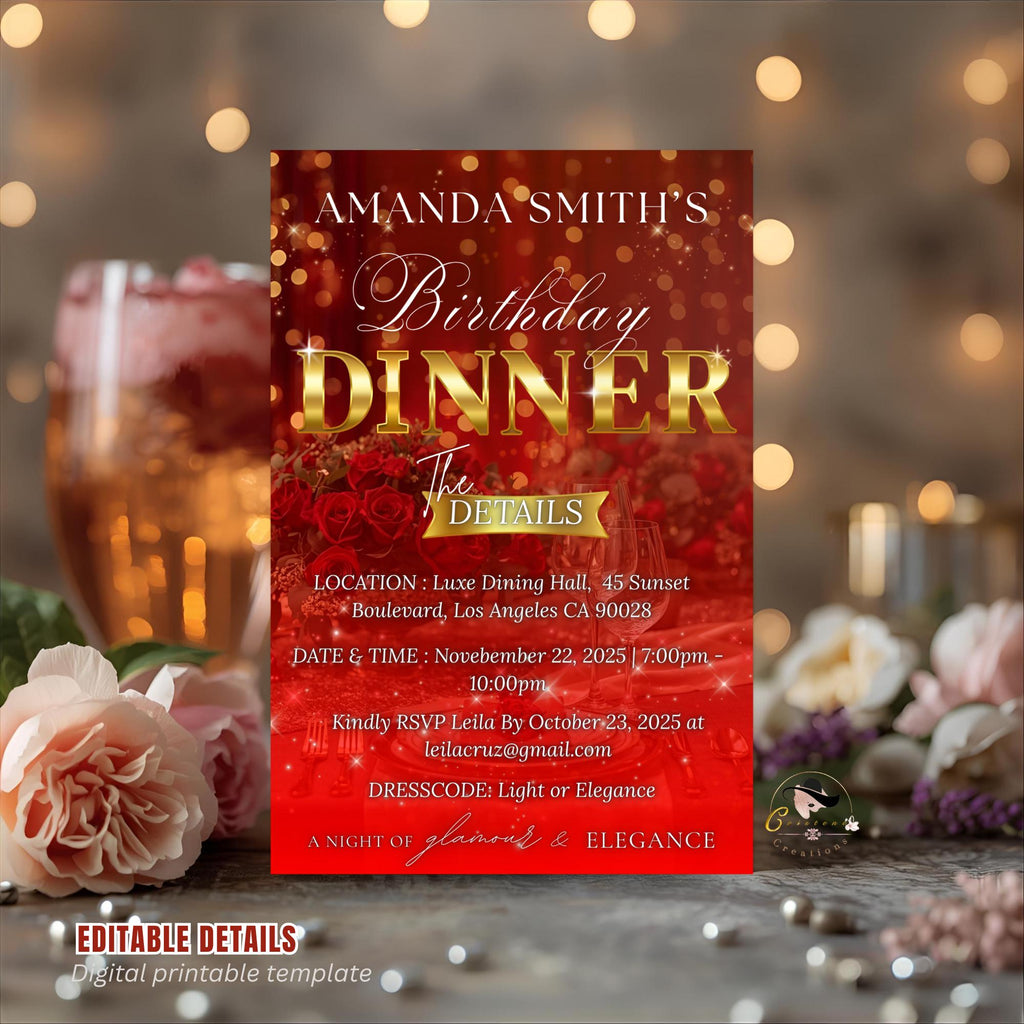 Digital Birthday Dinner Invitation, Red Gold Retirement Dinner Party Invite, Elegant Woman Dinner invite, Classy Surprise Dinner Template