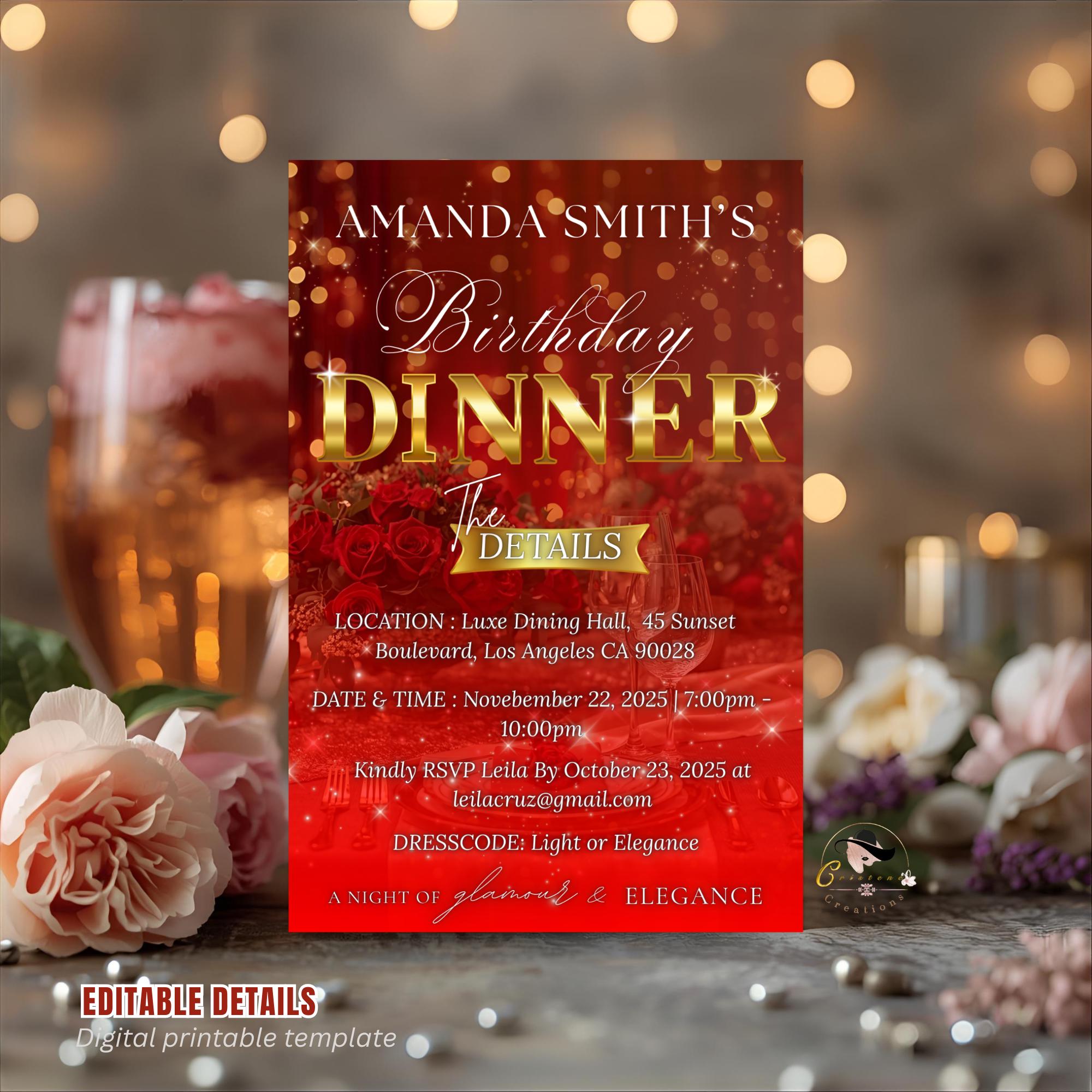 Digital Birthday Dinner Invitation, Red Gold Retirement Dinner Party Invite, Elegant Woman Dinner invite, Classy Surprise Dinner Template