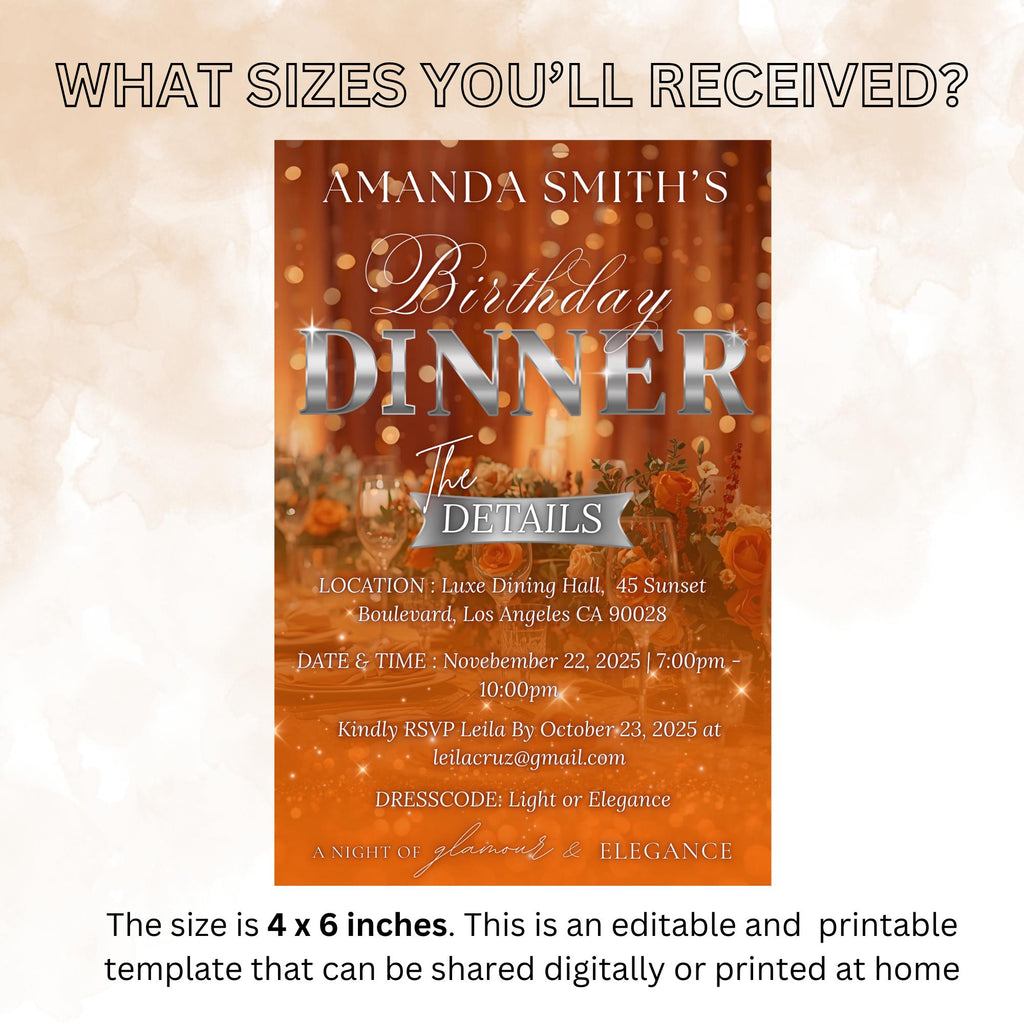 Digital Birthday Dinner Invitation, Orange Silver Retirement Dinner Party Invite, Elegant Woman Dinner invite, Bridal Shower Dinner Template