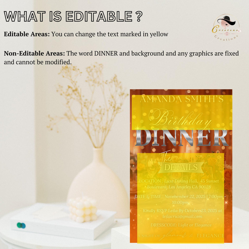 Digital Birthday Dinner Invitation, Orange Silver Retirement Dinner Party Invite, Elegant Woman Dinner invite, Bridal Shower Dinner Template