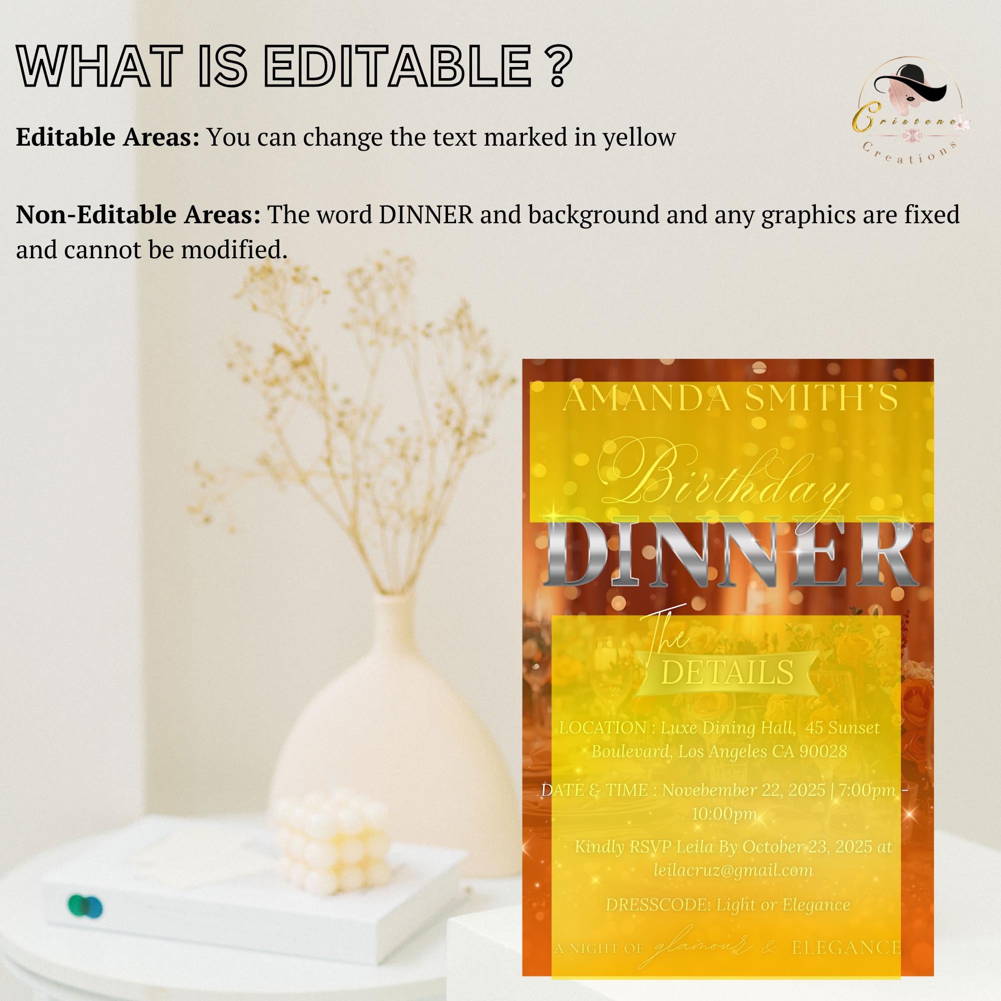 Digital Birthday Dinner Invitation, Orange Silver Retirement Dinner Party Invite, Elegant Woman Dinner invite, Bridal Shower Dinner Template