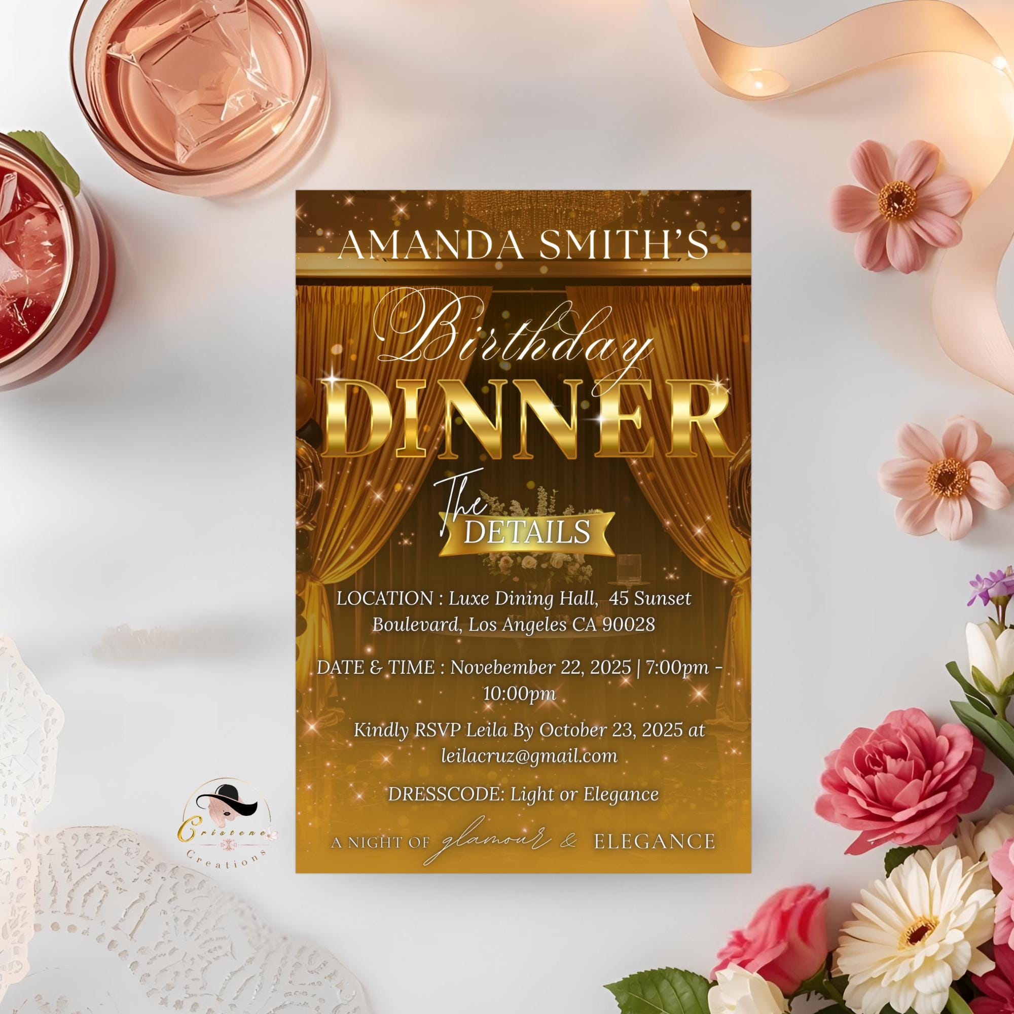 Editable Birthday Dinner Invitation, Black Gold Retirement Dinner Party Invite, Elegant Woman Dinner invite, Classy Surprise Dinner Template