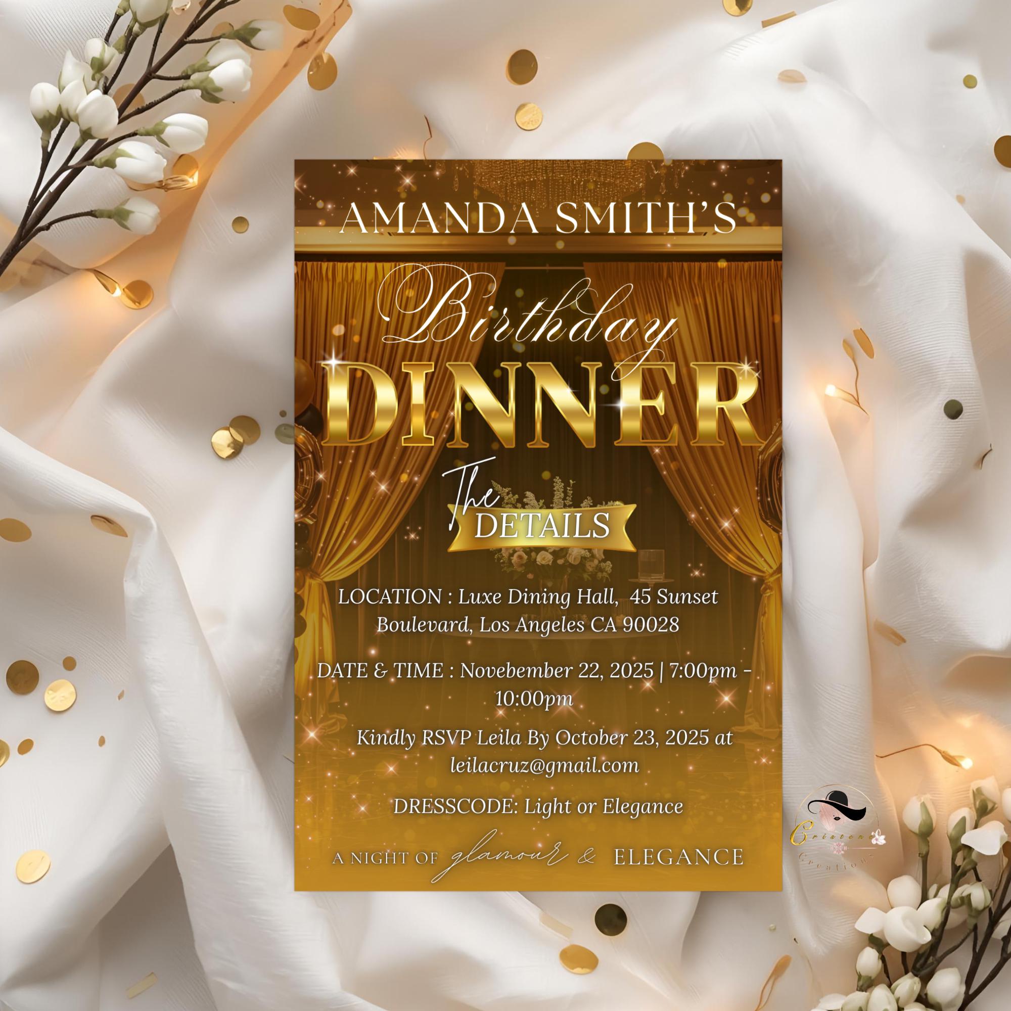 Editable Birthday Dinner Invitation, Black Gold Retirement Dinner Party Invite, Elegant Woman Dinner invite, Classy Surprise Dinner Template