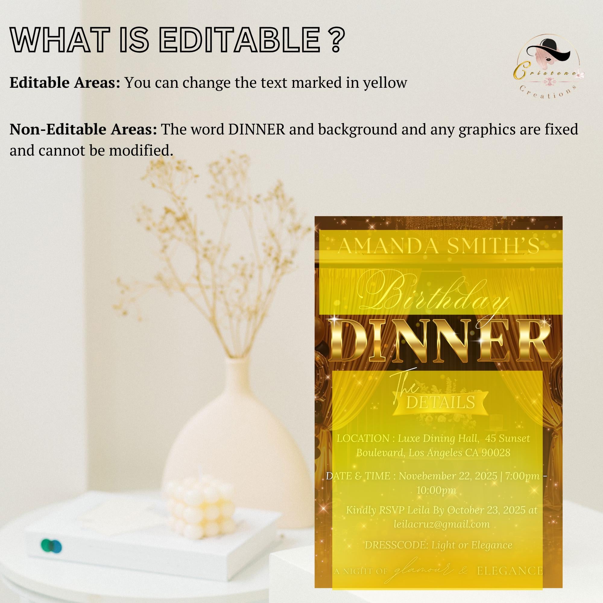 Editable Birthday Dinner Invitation, Black Gold Retirement Dinner Party Invite, Elegant Woman Dinner invite, Classy Surprise Dinner Template