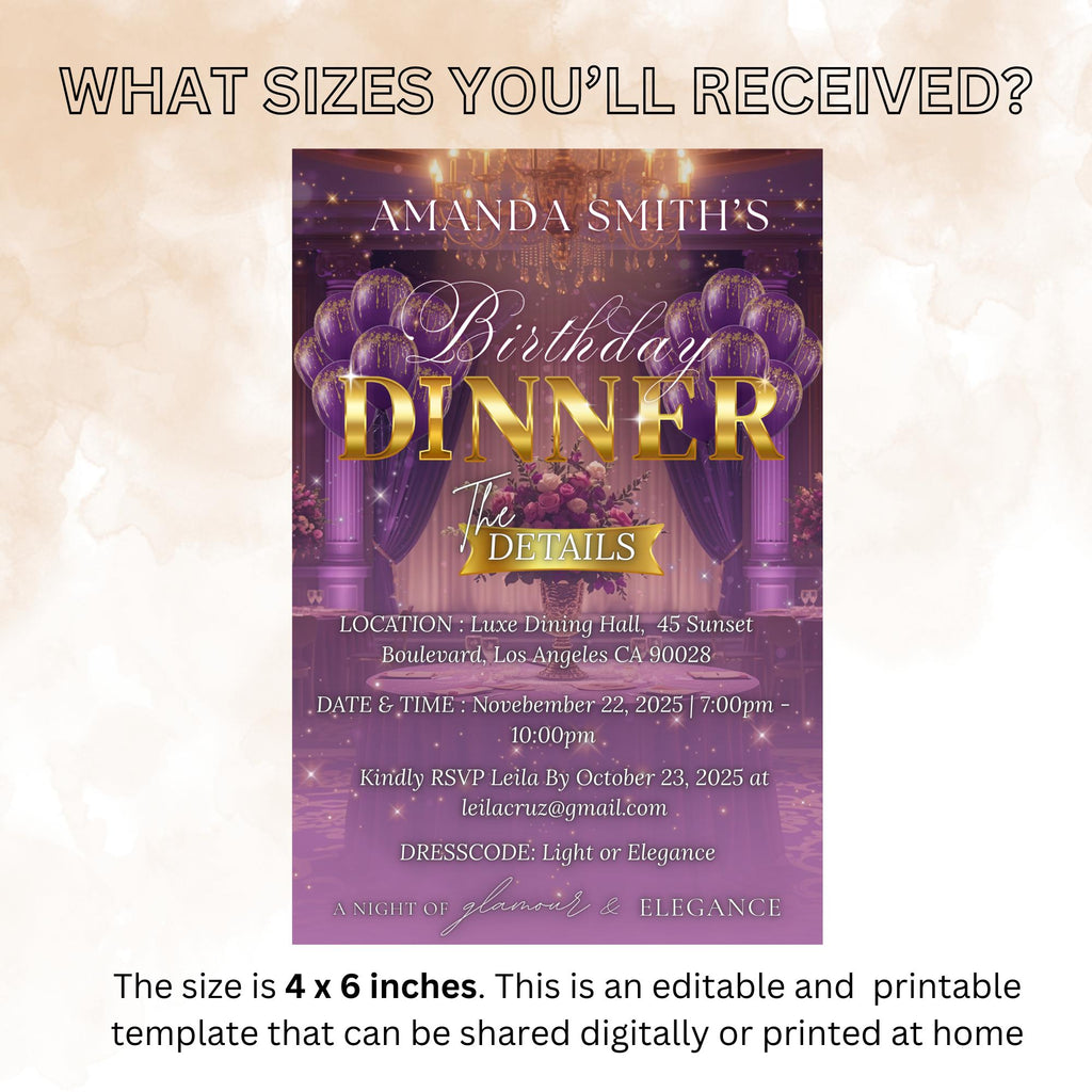Editable Birthday Dinner Invitation, Purple Gold Retirement Dinner Party Invite Elegant Woman Dinner invite, Classy Surprise Dinner Template