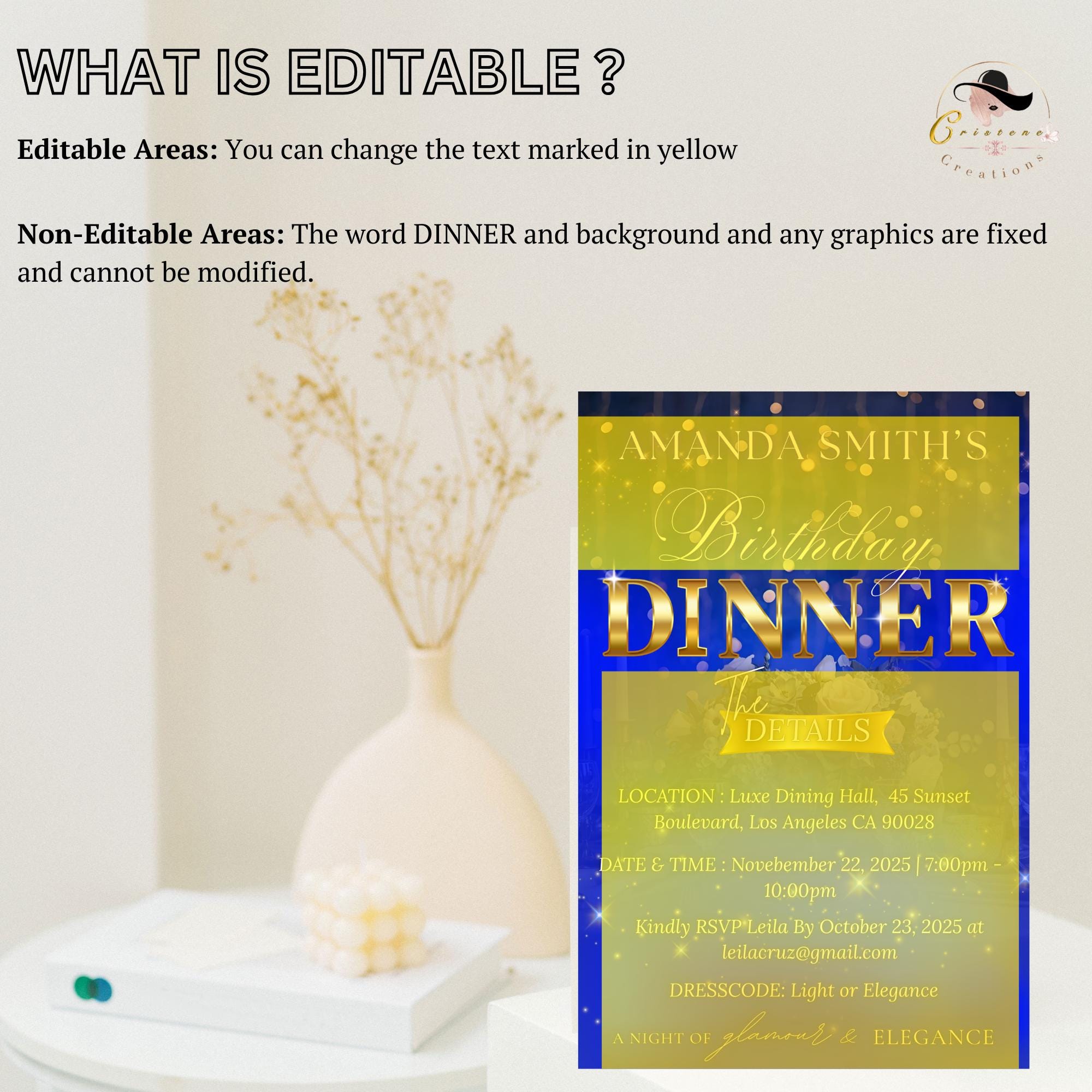 Editable Birthday Dinner Invitation, Blue Gold Retirement Dinner Party Invite, Elegant Woman Dinner invite, Classy Surprise Dinner Template