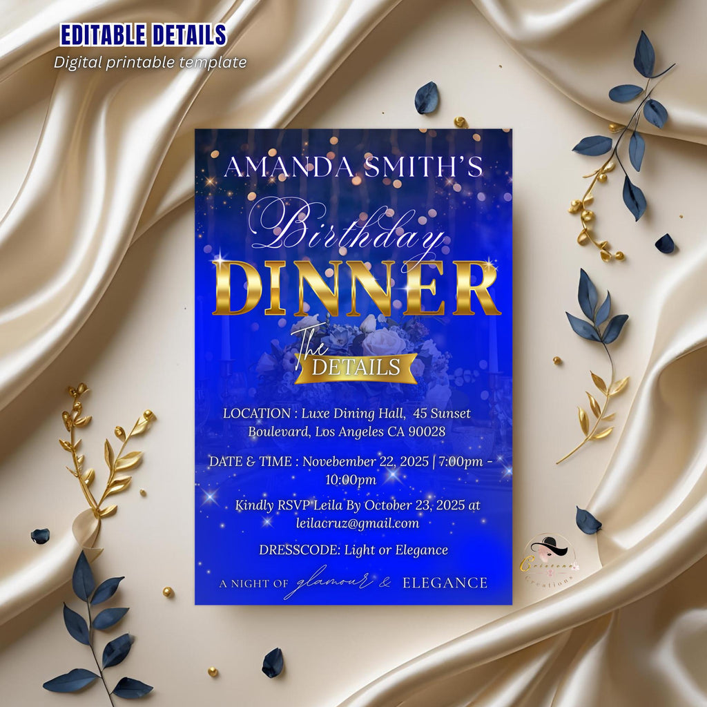 Editable Birthday Dinner Invitation, Blue Gold Retirement Dinner Party Invite, Elegant Woman Dinner invite, Classy Surprise Dinner Template