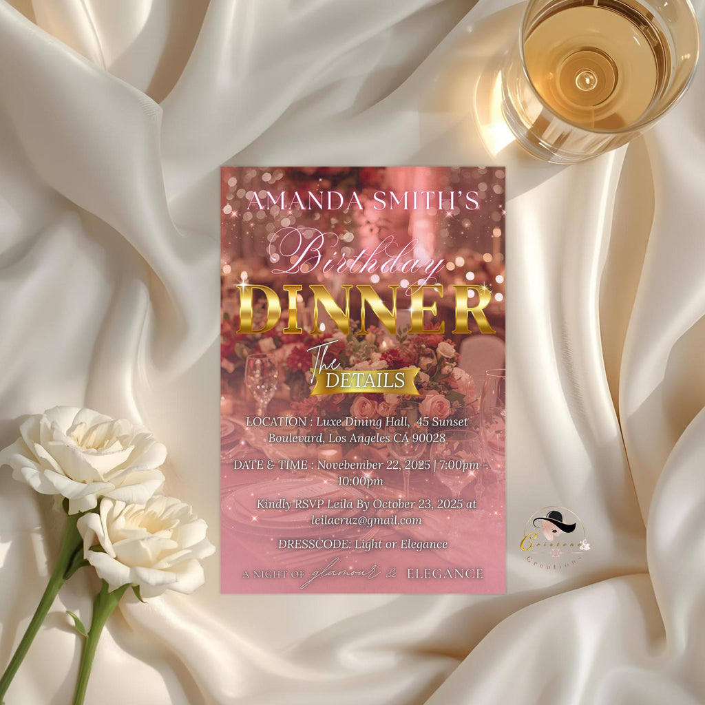 Birthday Dinner Invitation Pink Gold Retirement Dinner Party Invite, Elegant Woman Dinner invite, Classy Surprise Dinner Digital Template