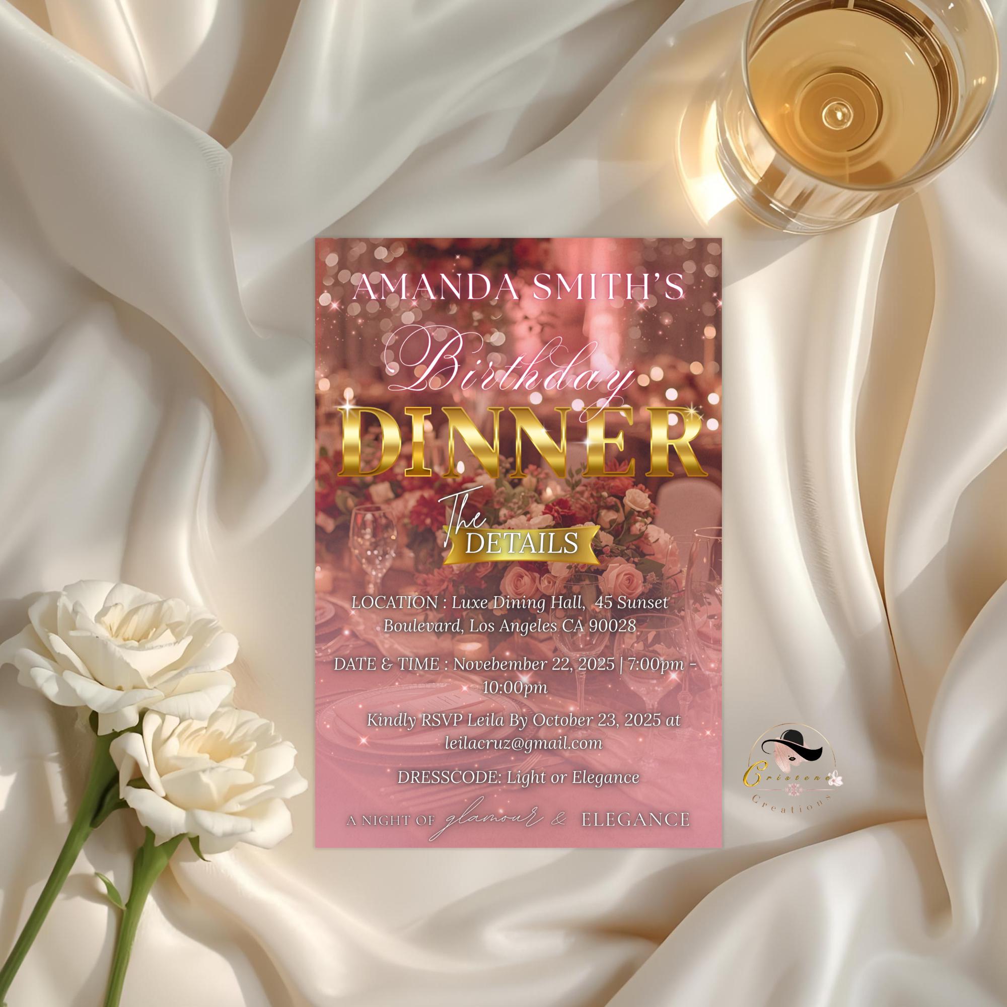 Birthday Dinner Invitation Pink Gold Retirement Dinner Party Invite, Elegant Woman Dinner invite, Classy Surprise Dinner Digital Template