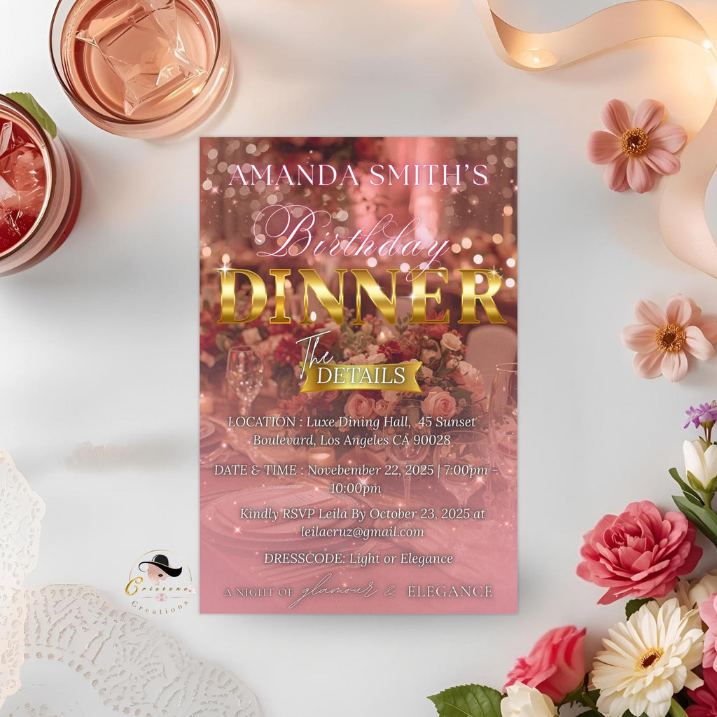Birthday Dinner Invitation Pink Gold Retirement Dinner Party Invite, Elegant Woman Dinner invite, Classy Surprise Dinner Digital Template