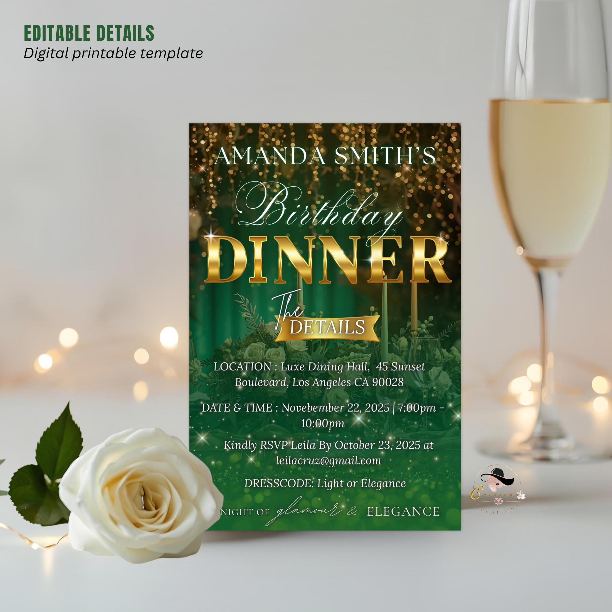 Editable Birthday Dinner Invitation, Green Gold Retirement Dinner Party Invite, Elegant Woman Dinner invite, Classy Surprise Dinner Template