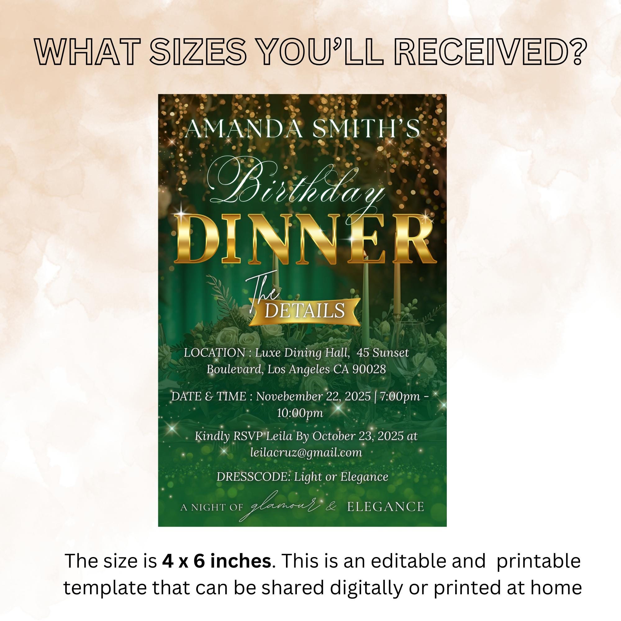 Editable Birthday Dinner Invitation, Green Gold Retirement Dinner Party Invite, Elegant Woman Dinner invite, Classy Surprise Dinner Template