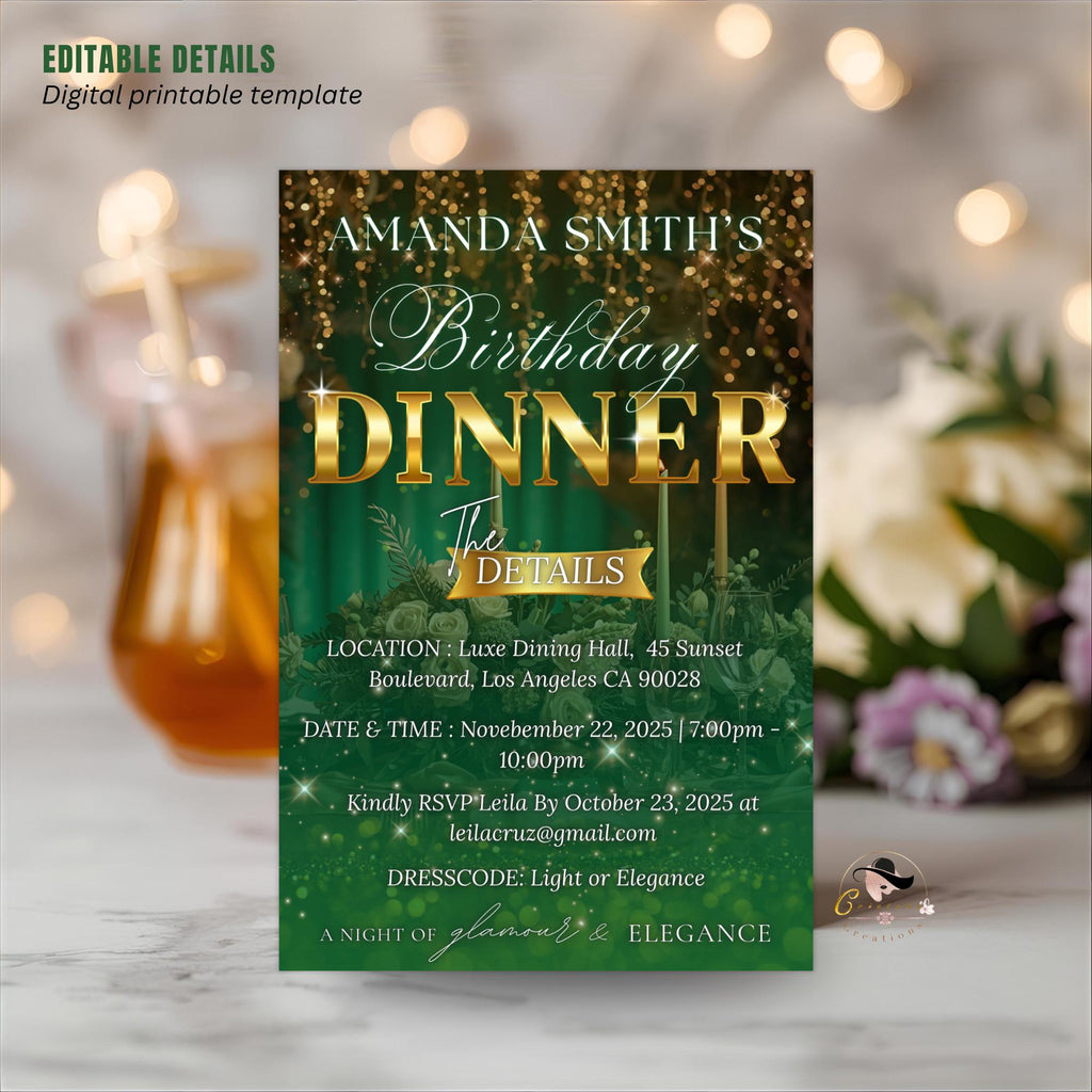Editable Birthday Dinner Invitation, Green Gold Retirement Dinner Party Invite, Elegant Woman Dinner invite, Classy Surprise Dinner Template