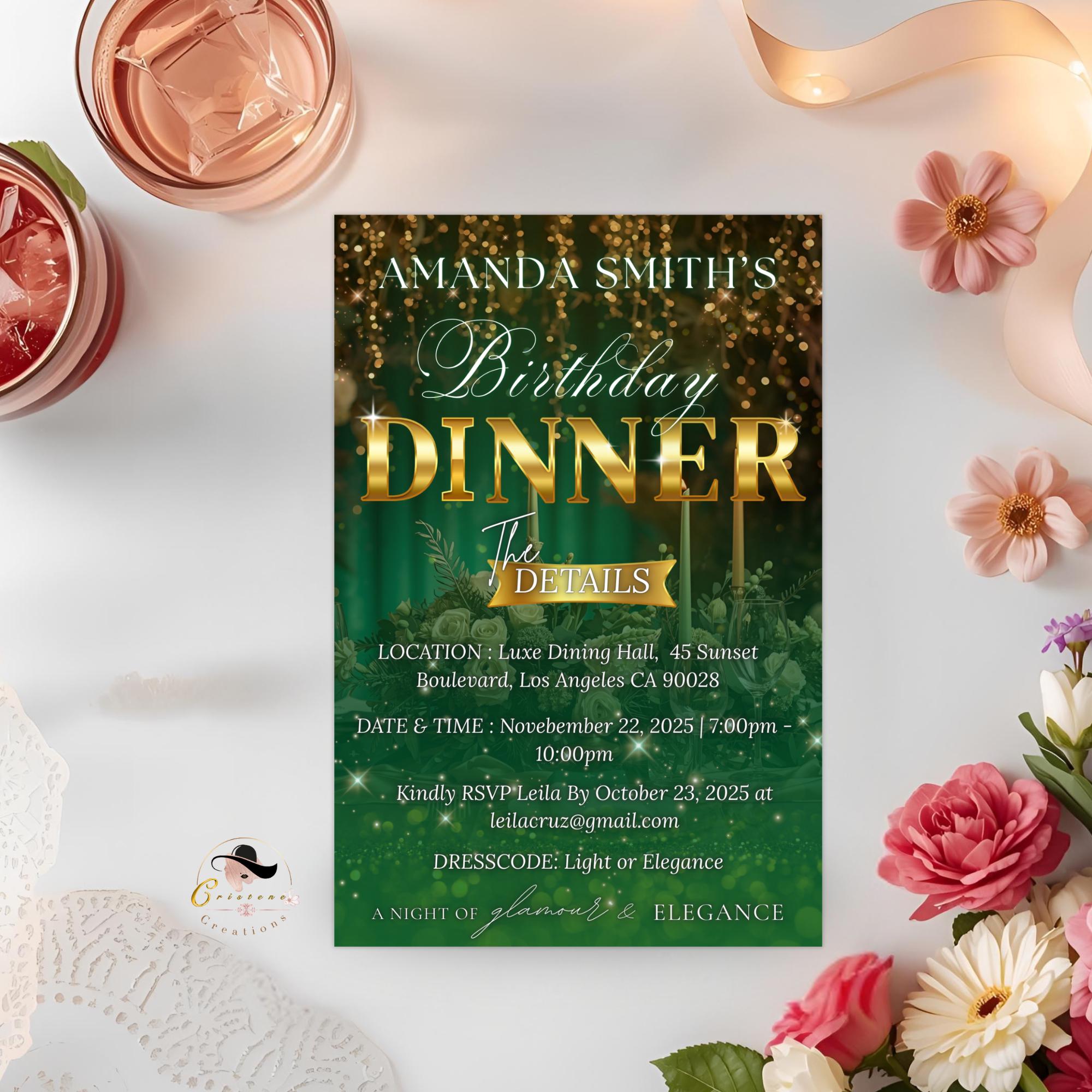 Editable Birthday Dinner Invitation, Green Gold Retirement Dinner Party Invite, Elegant Woman Dinner invite, Classy Surprise Dinner Template