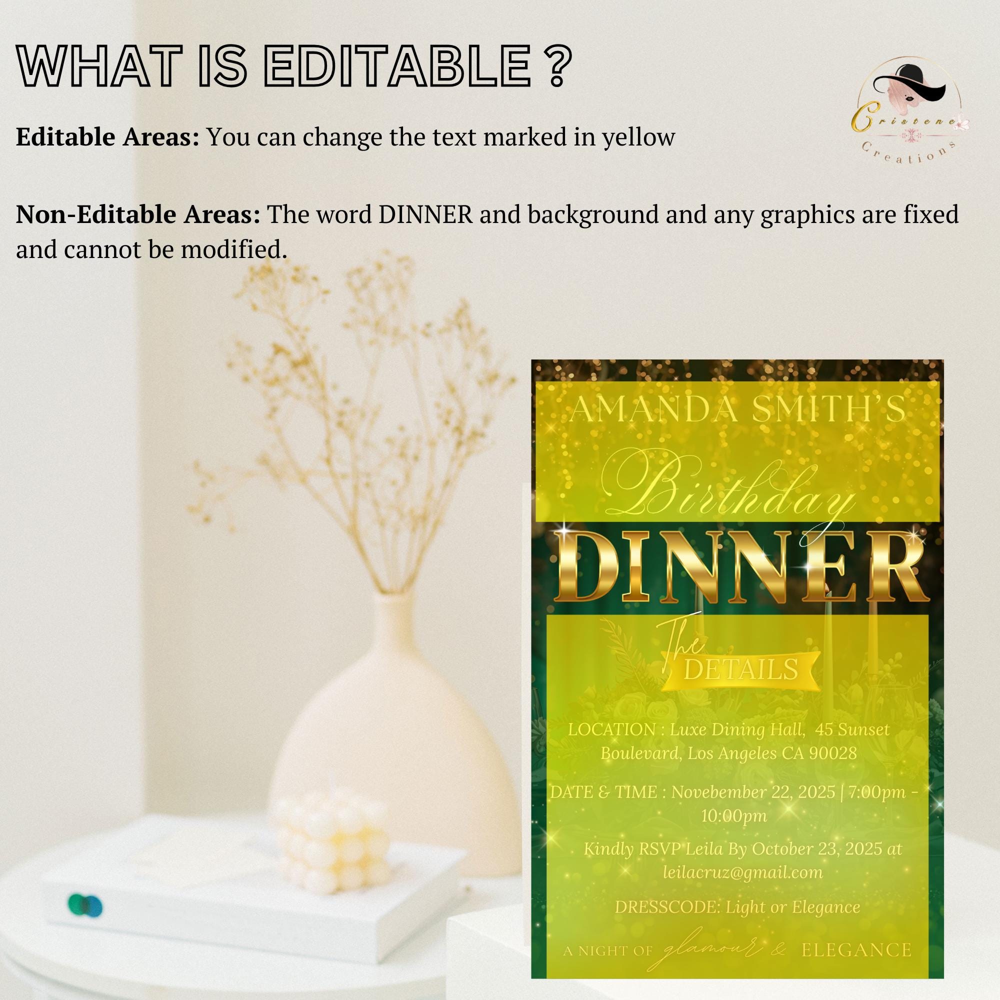 Editable Birthday Dinner Invitation, Green Gold Retirement Dinner Party Invite, Elegant Woman Dinner invite, Classy Surprise Dinner Template