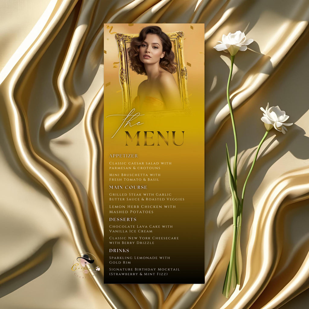 Editable Birthday Party Menu Template Black Gold Dinner Menu with photo, Elegant Retirement Menu,   Graduation Menu Card Printable Food Menu