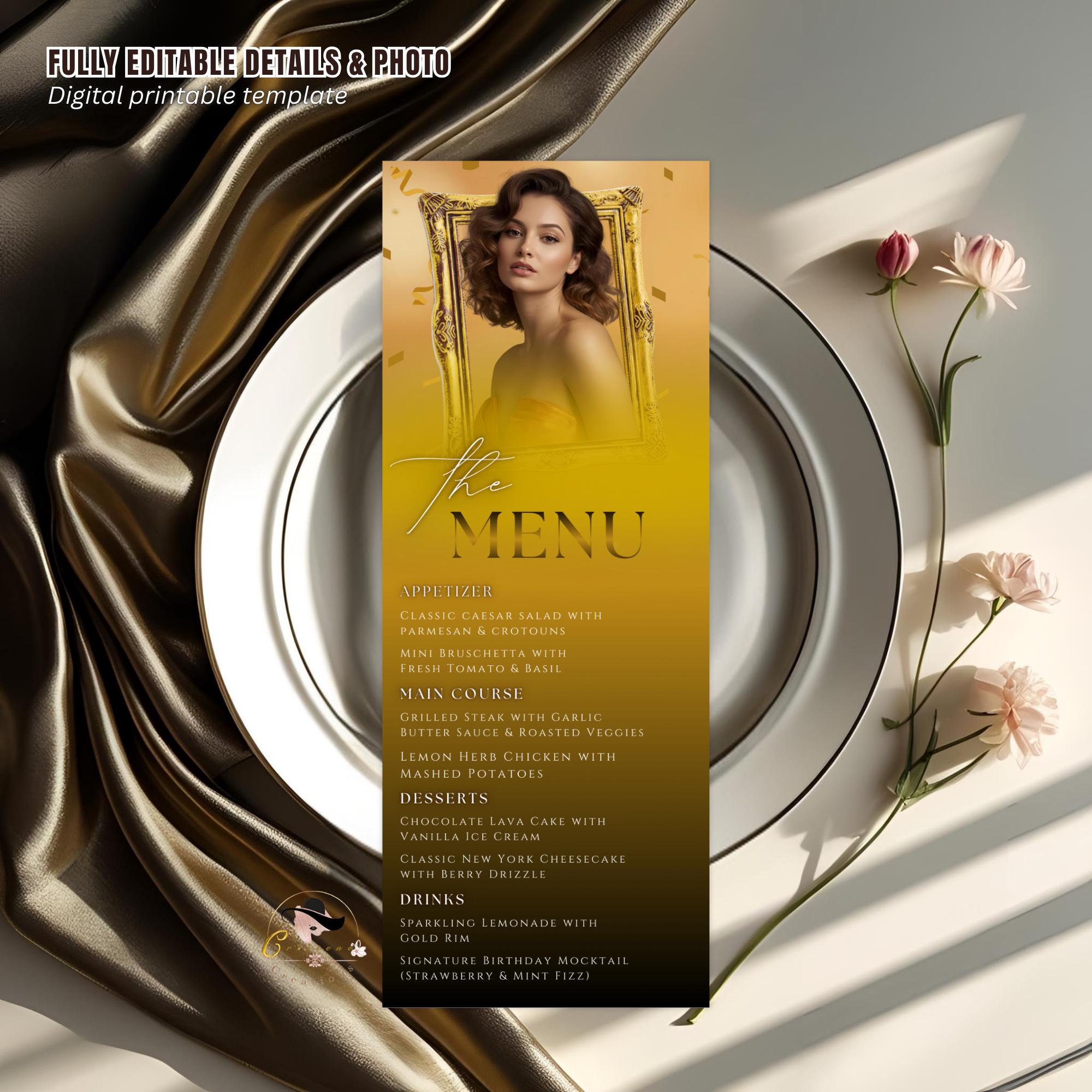 Editable Birthday Party Menu Template Black Gold Dinner Menu with photo, Elegant Retirement Menu,   Graduation Menu Card Printable Food Menu