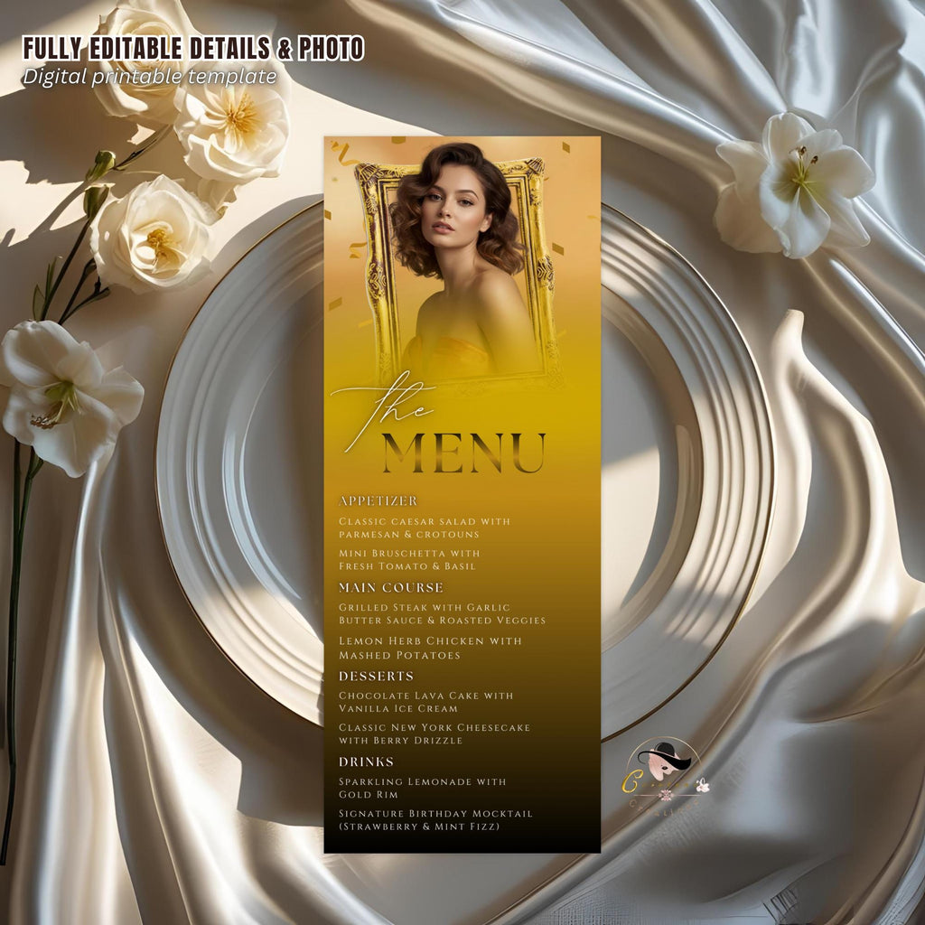 Editable Birthday Party Menu Template Black Gold Dinner Menu with photo, Elegant Retirement Menu,   Graduation Menu Card Printable Food Menu