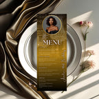 Editable Birthday Dinner Menu Template Black Gold Party Menu with photo, Elegant Retirement Menu, Graduation Menu Card Printable Food Menu