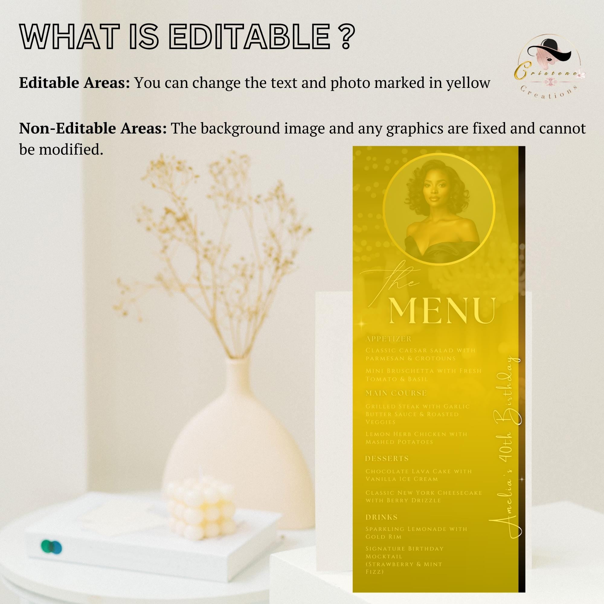 Editable Birthday Dinner Menu Template Black Gold Party Menu with photo, Elegant Retirement Menu, Graduation Menu Card Printable Food Menu