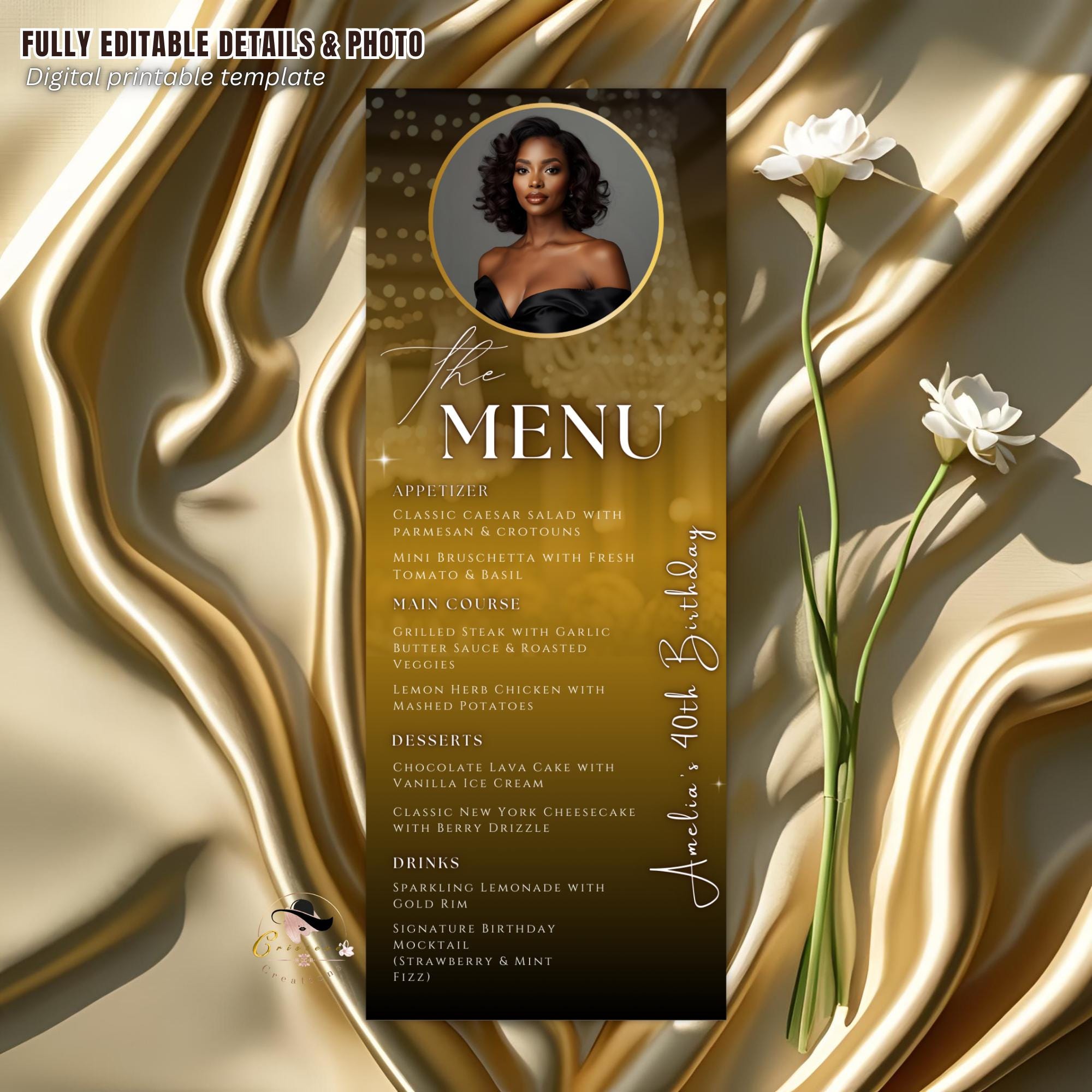 Editable Birthday Dinner Menu Template Black Gold Party Menu with photo, Elegant Retirement Menu, Graduation Menu Card Printable Food Menu