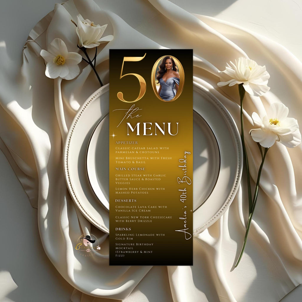 50th Birthday Dinner Menu Template with photo Black Golden Anniversary Menu Printable, Elegant Party Menu Woman, 50th Men Party Menu Card
